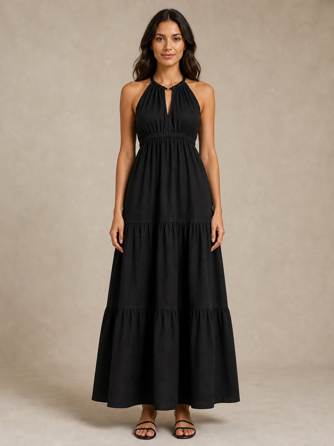 Women's black gathered halter tiered maxi dress front view