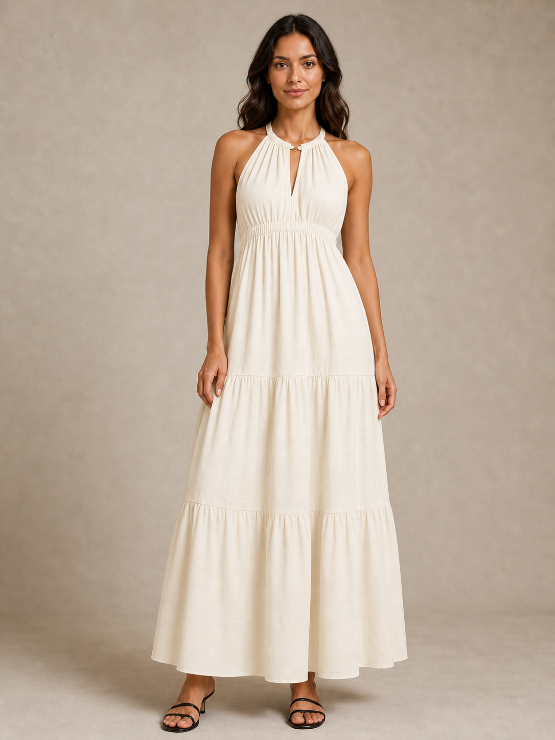 Women's ivory gathered halter tiered maxi dress