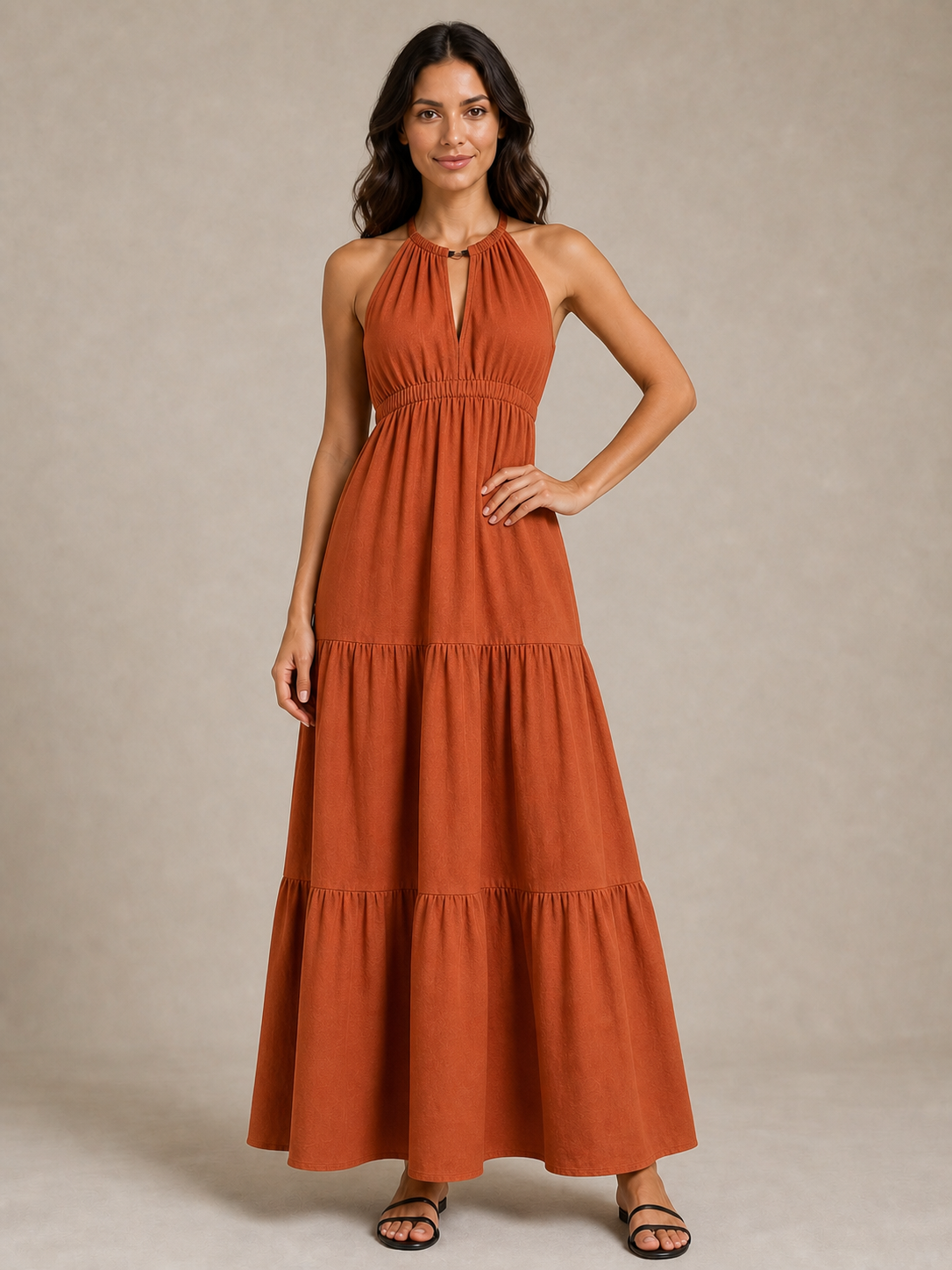 Women's terracotta gathered halter tiered maxi dress