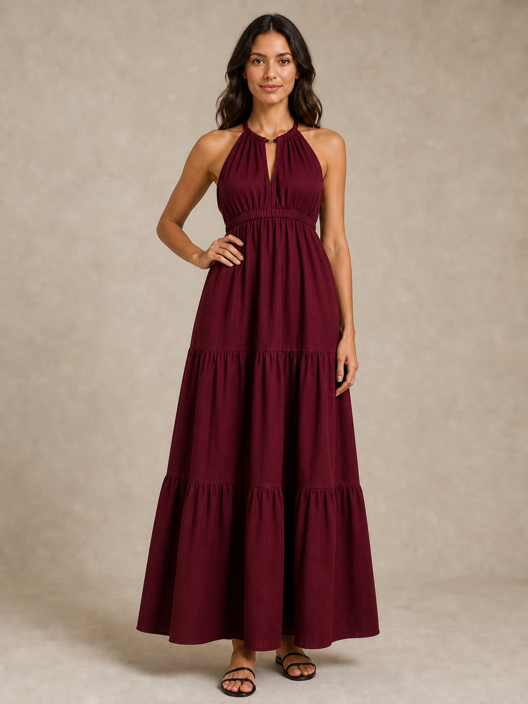 Women's burgundy gathered halter tiered maxi dress