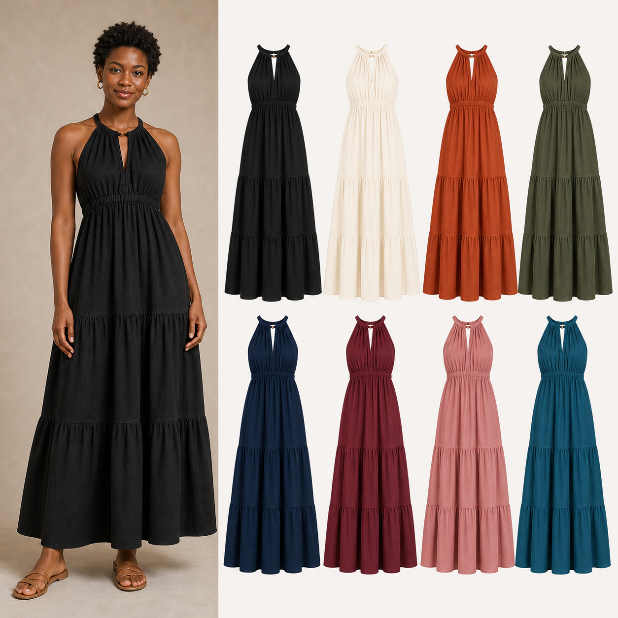 Women's gathered halter tiered maxi dress mixed eight pack