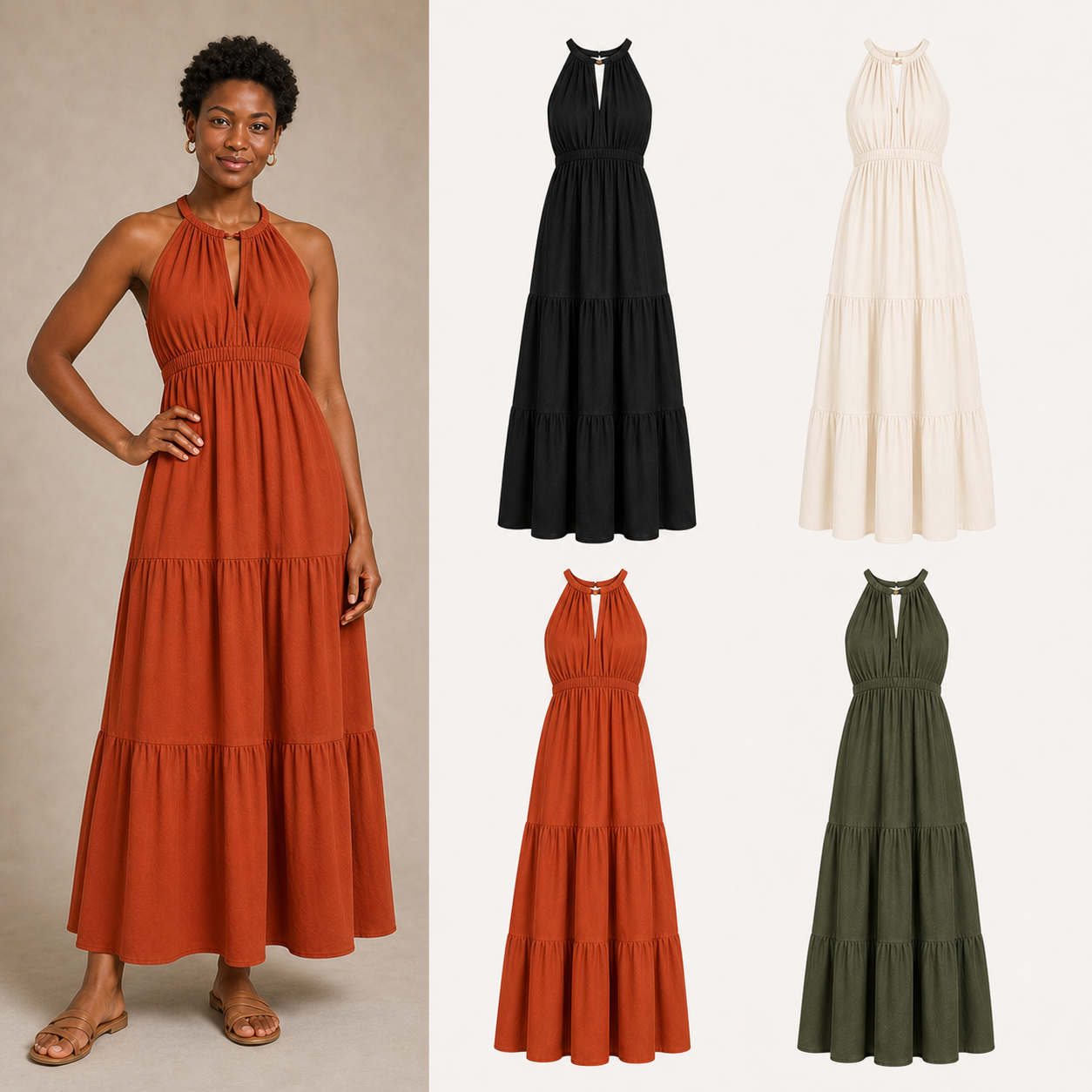 Women's gathered halter tiered maxi dress mixed four pack A
