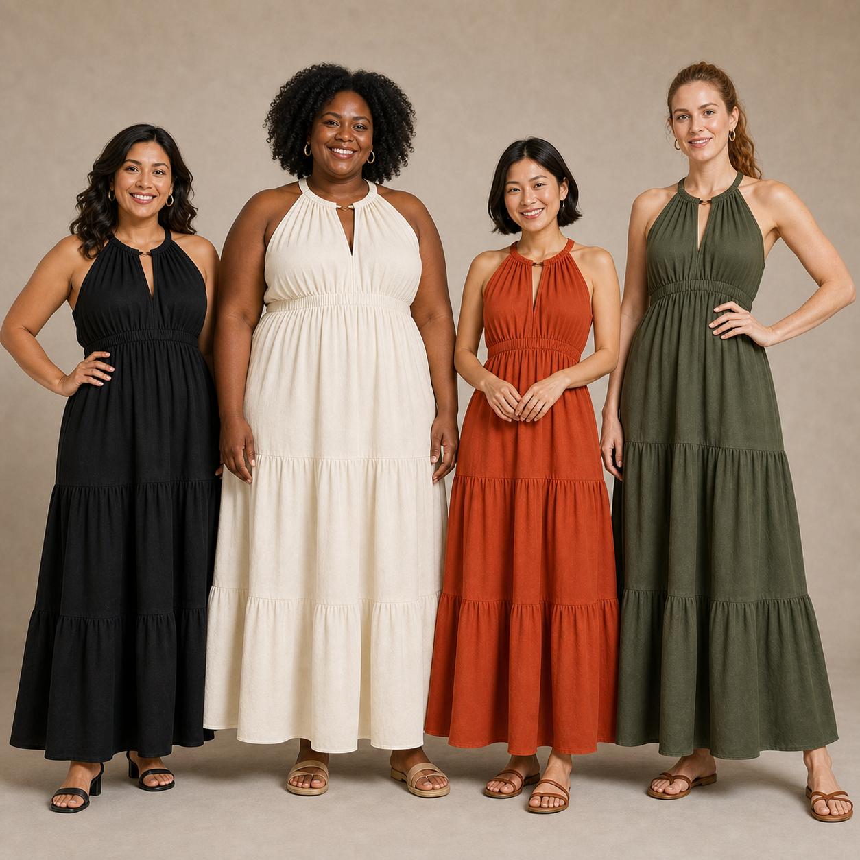 Four women wearing black ivory terracotta and olive halter maxi dresses