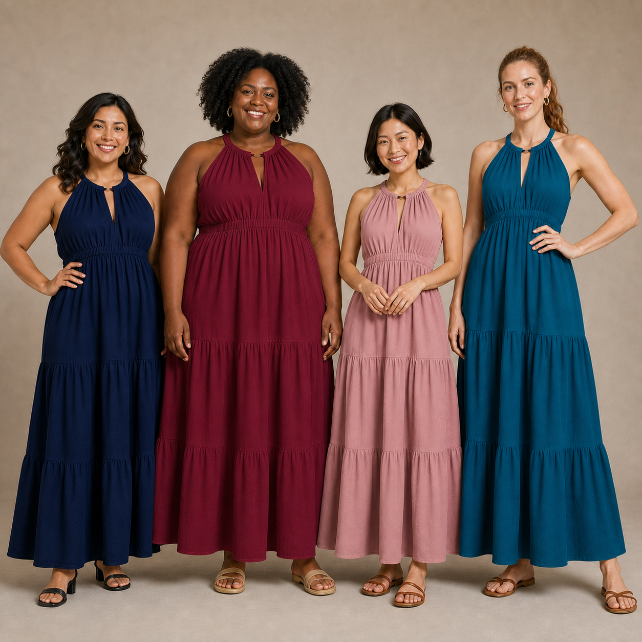Four women wearing navy burgundy dusty rose and teal halter maxi dresses