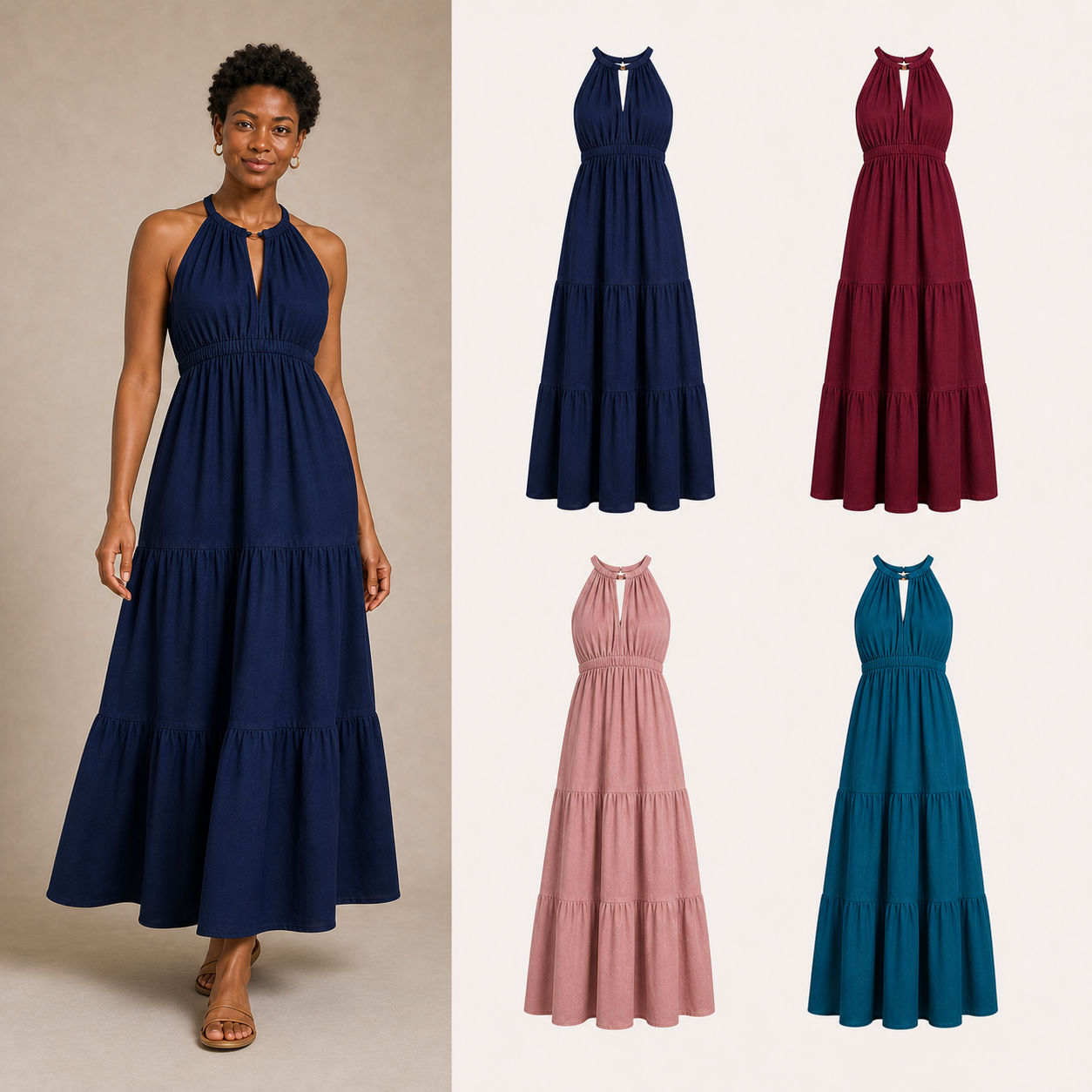 Women's gathered halter tiered maxi dress mixed four pack B