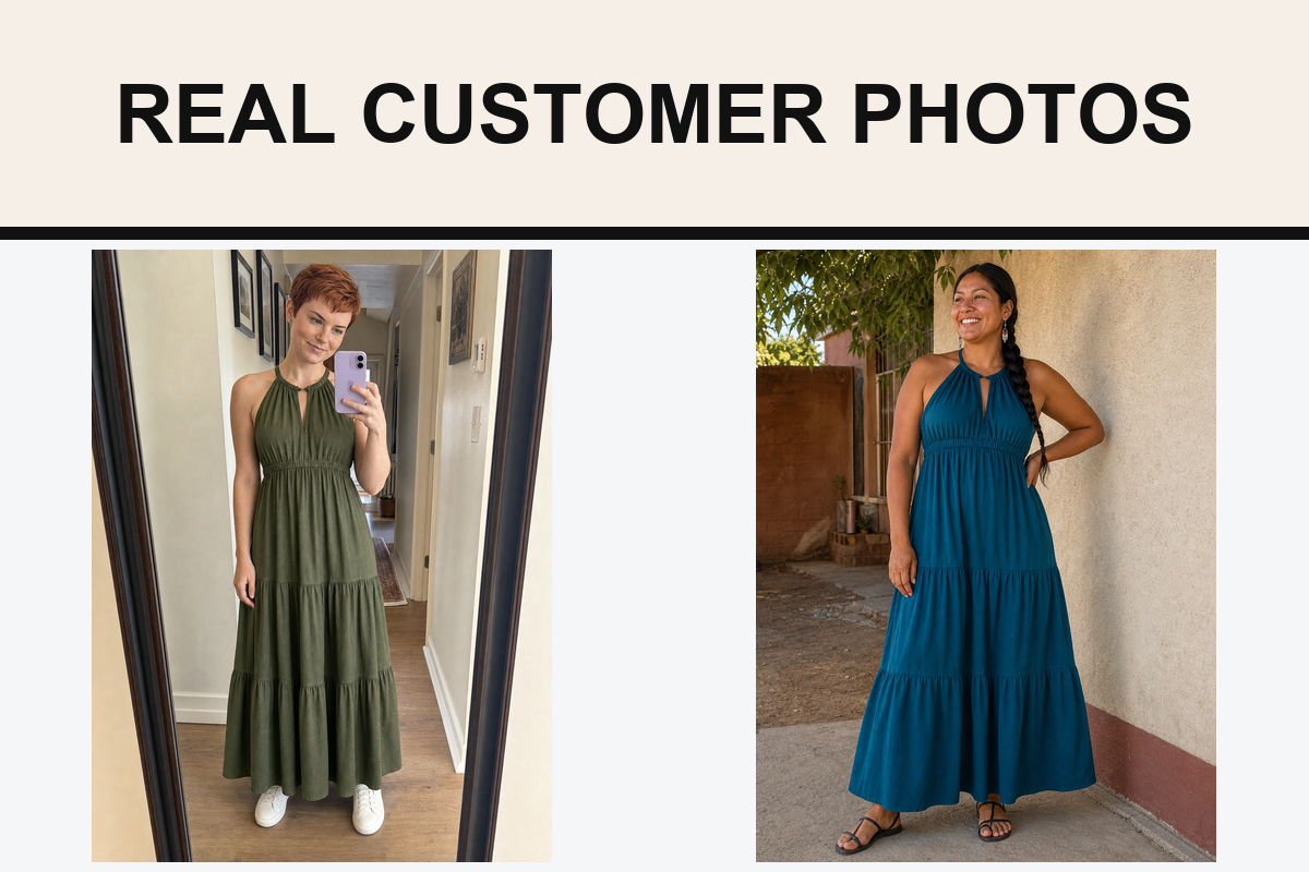 Real customer photos wearing olive and teal halter maxi dresses