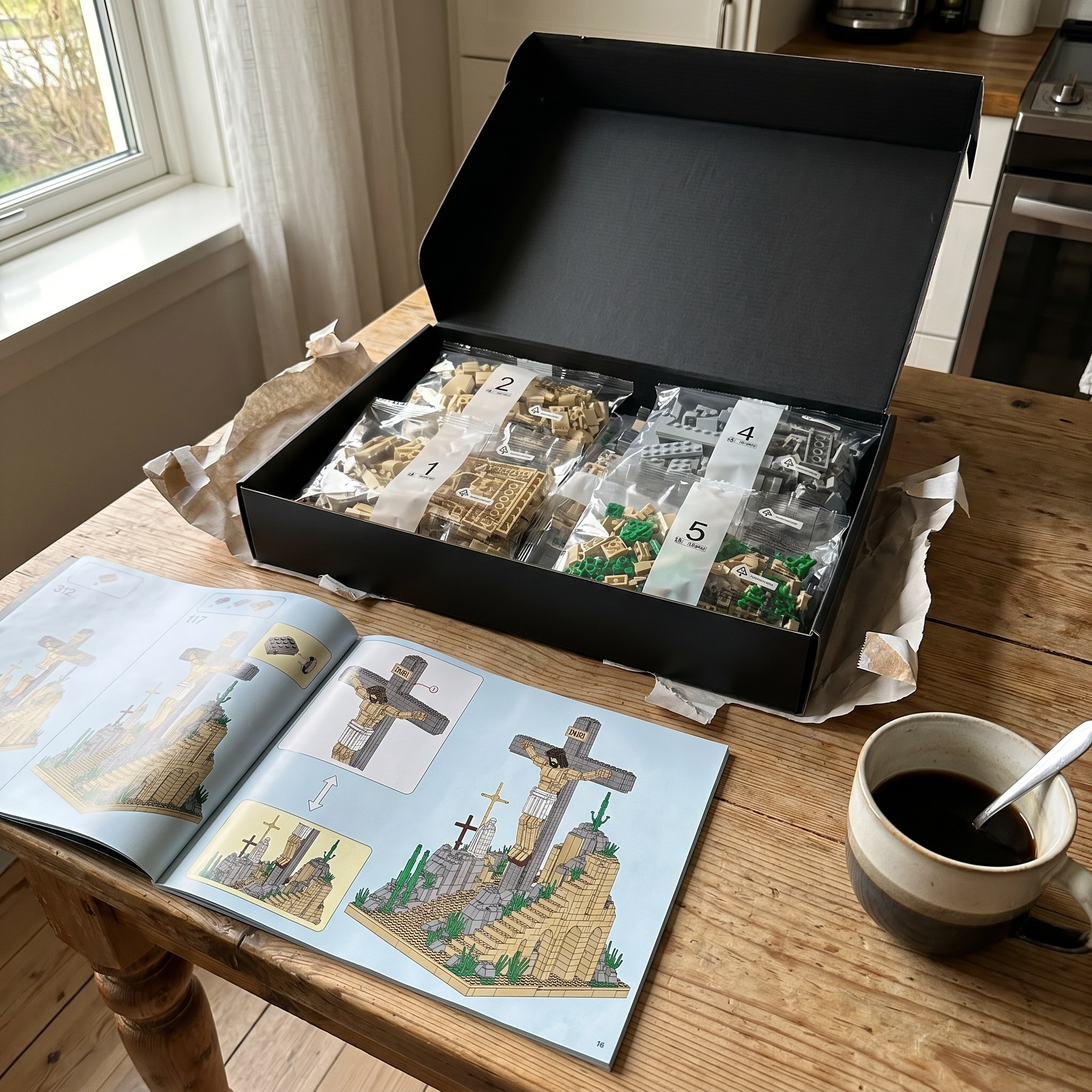 Building set box with sorted pieces and an instruction booklet