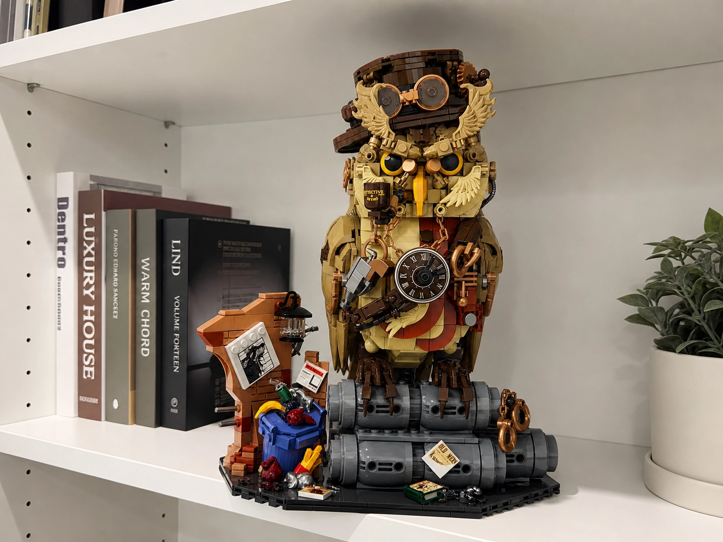 Mechanical owl building model on a shelf