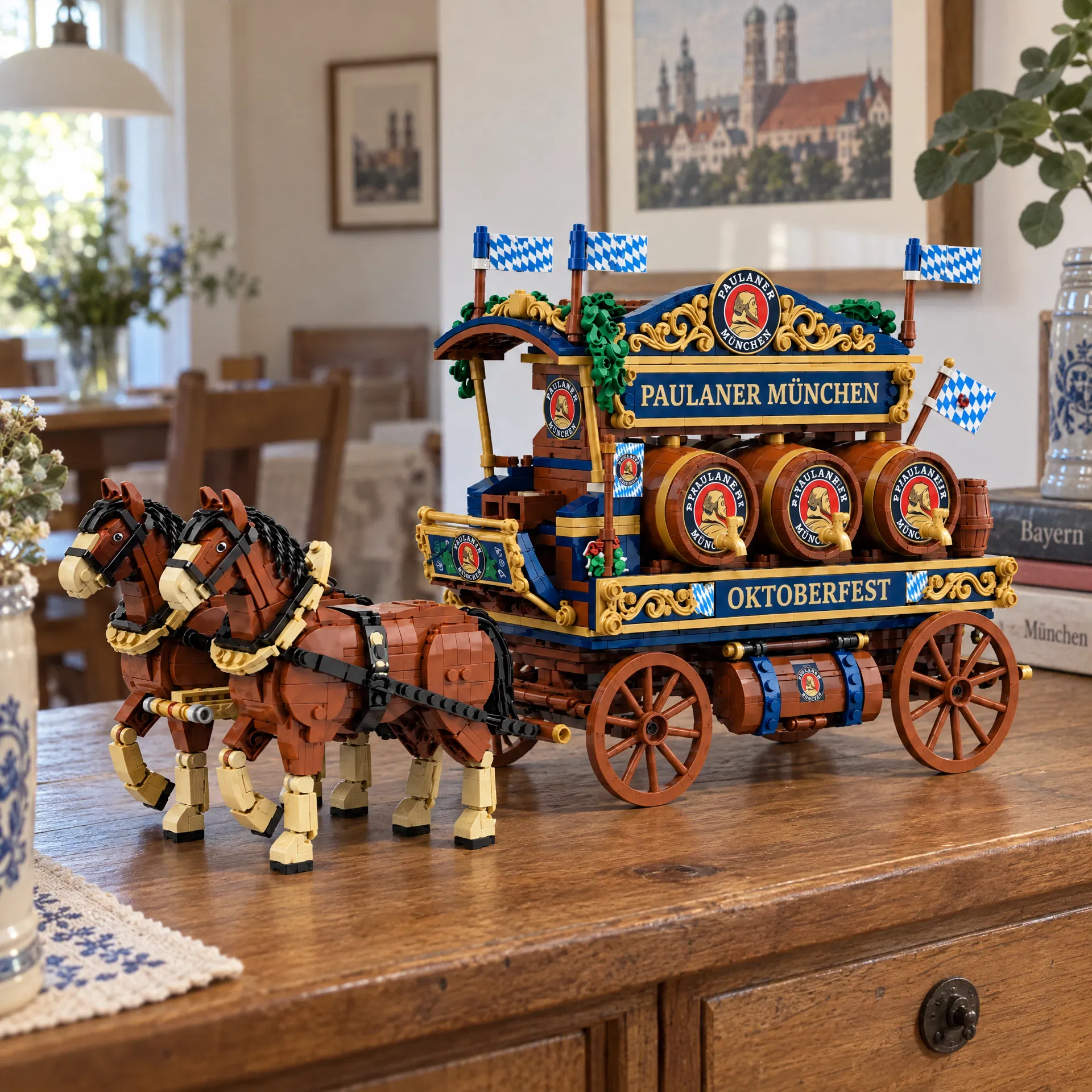 Oktoberfest horse-drawn wagon building model on a table