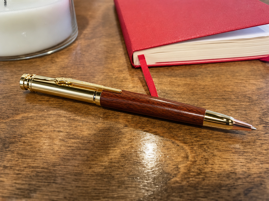 Gold and wood pen on a desk beside a notebook