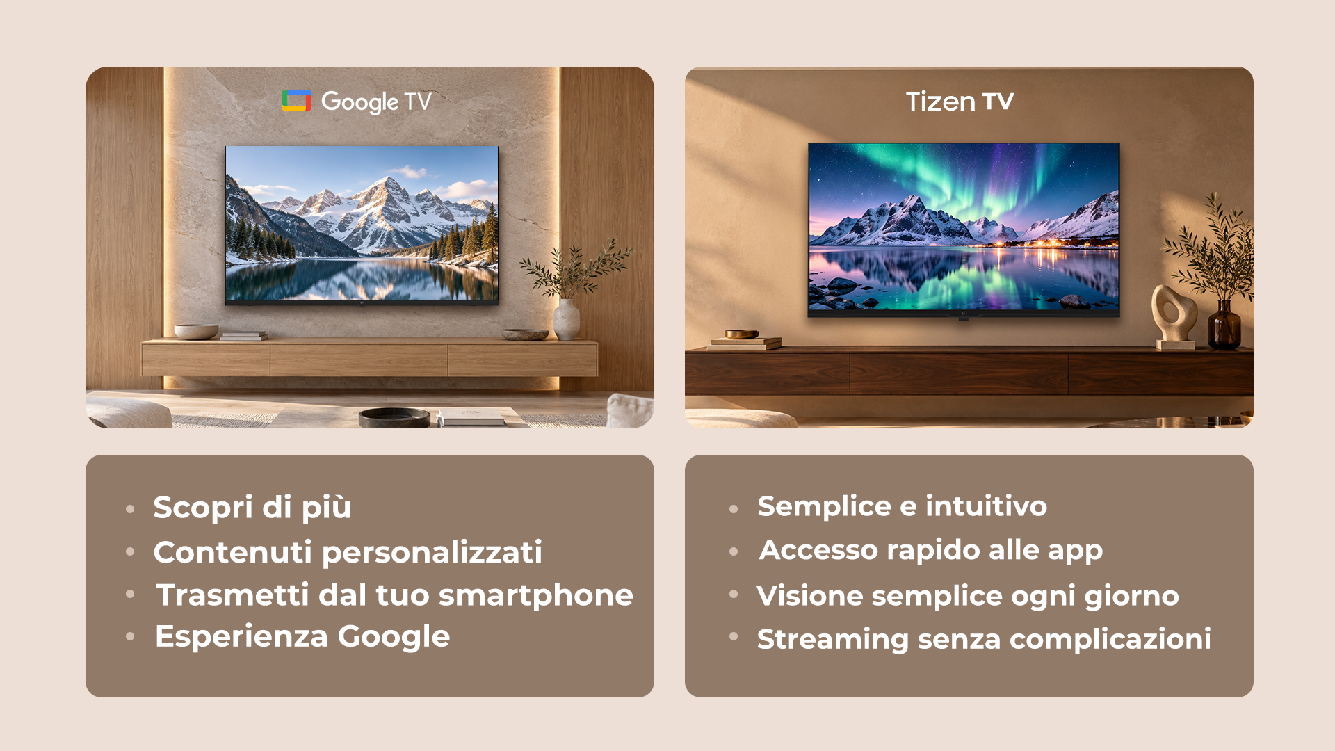 Confronto tra Google TV e Tizen TV per contenuti, app e trasmissione dallo smartphone