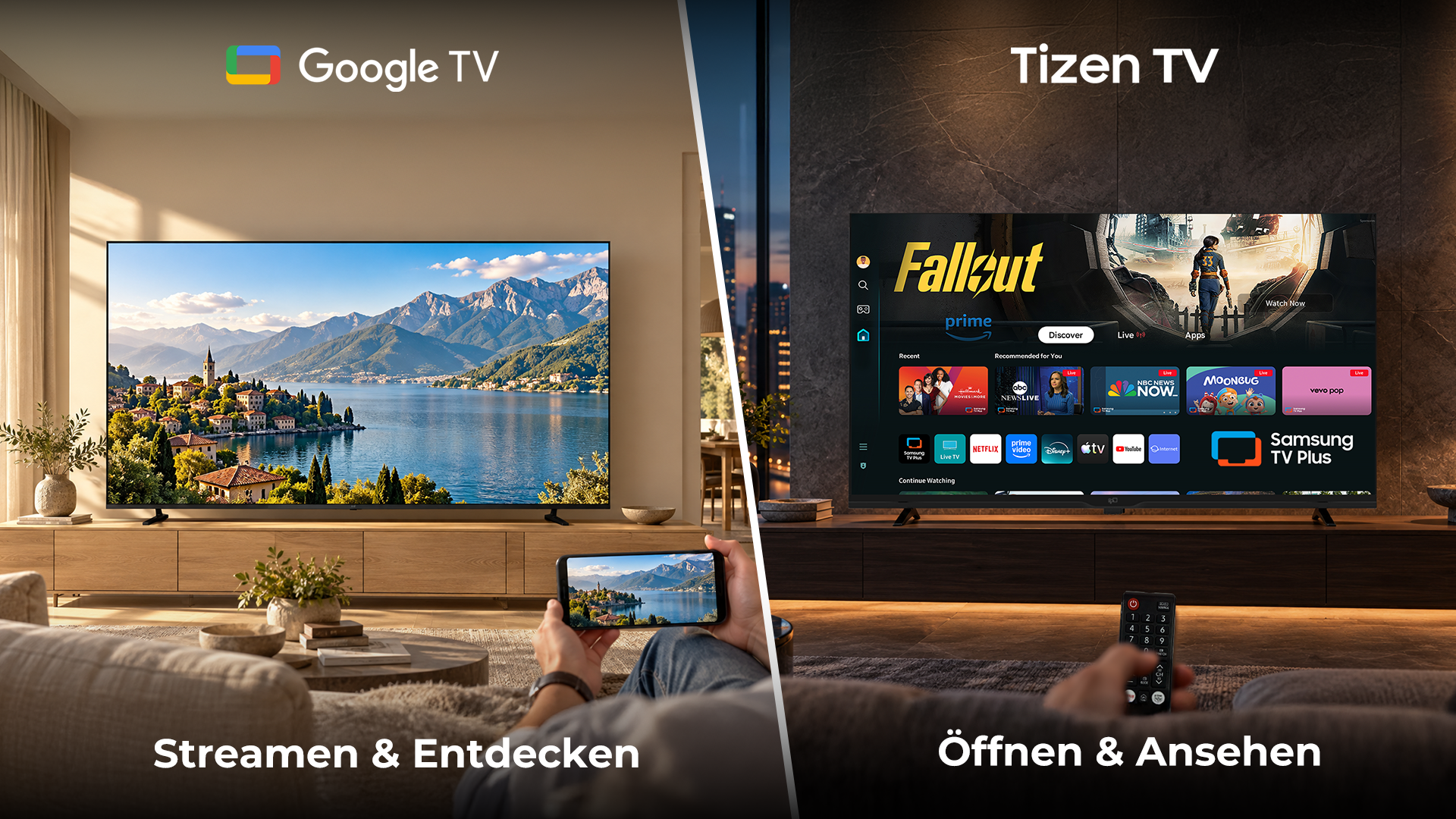 Google TV f&uuml;r Inhalte und Smartphone-&Uuml;bertragung im Vergleich zur einfachen Nutzung von Tizen TV