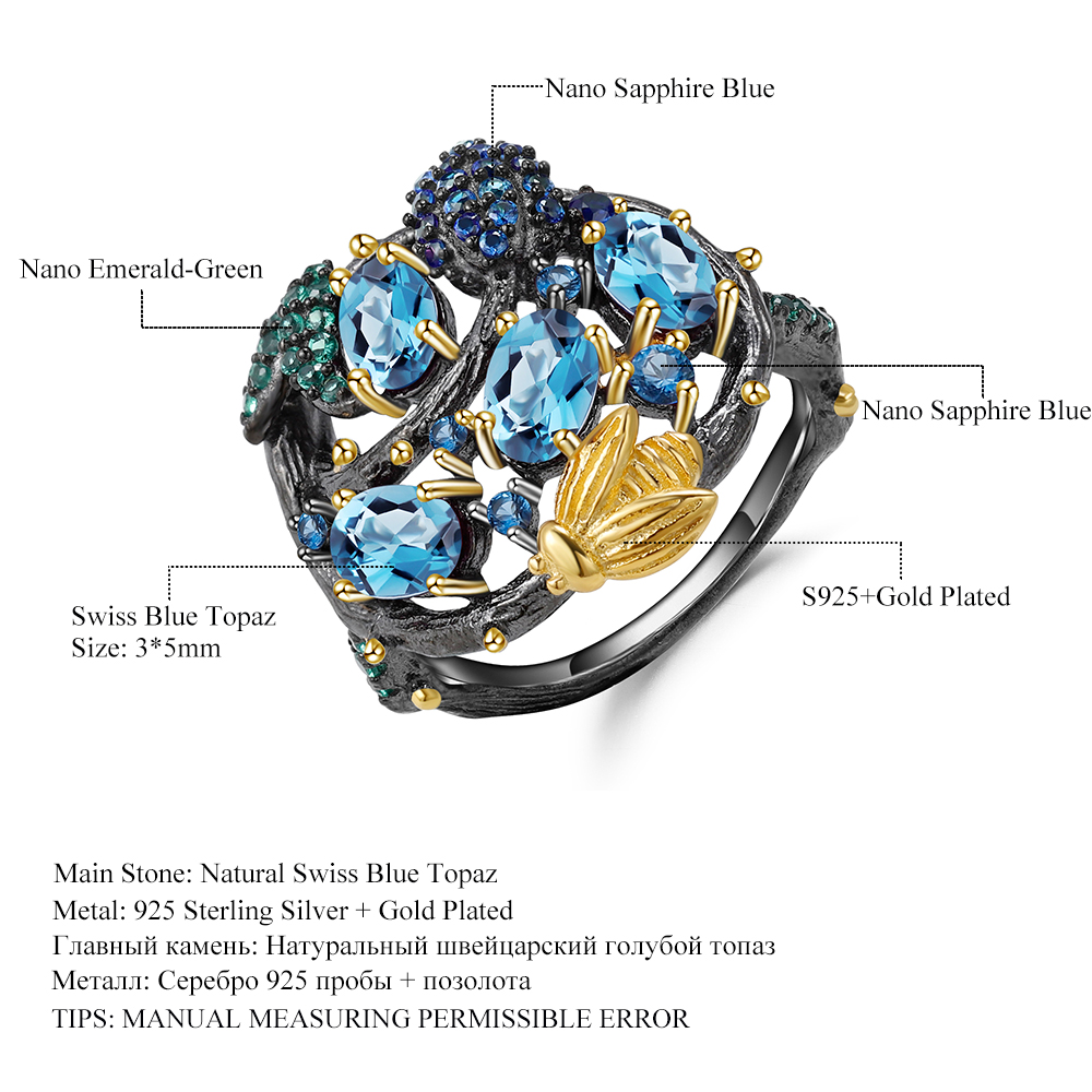 Niteō Jewelry Designer's 925 Silver Gold Plated Ring Chrome Diopside /  Swiss Blue Topaz / Rhodolite Garnet