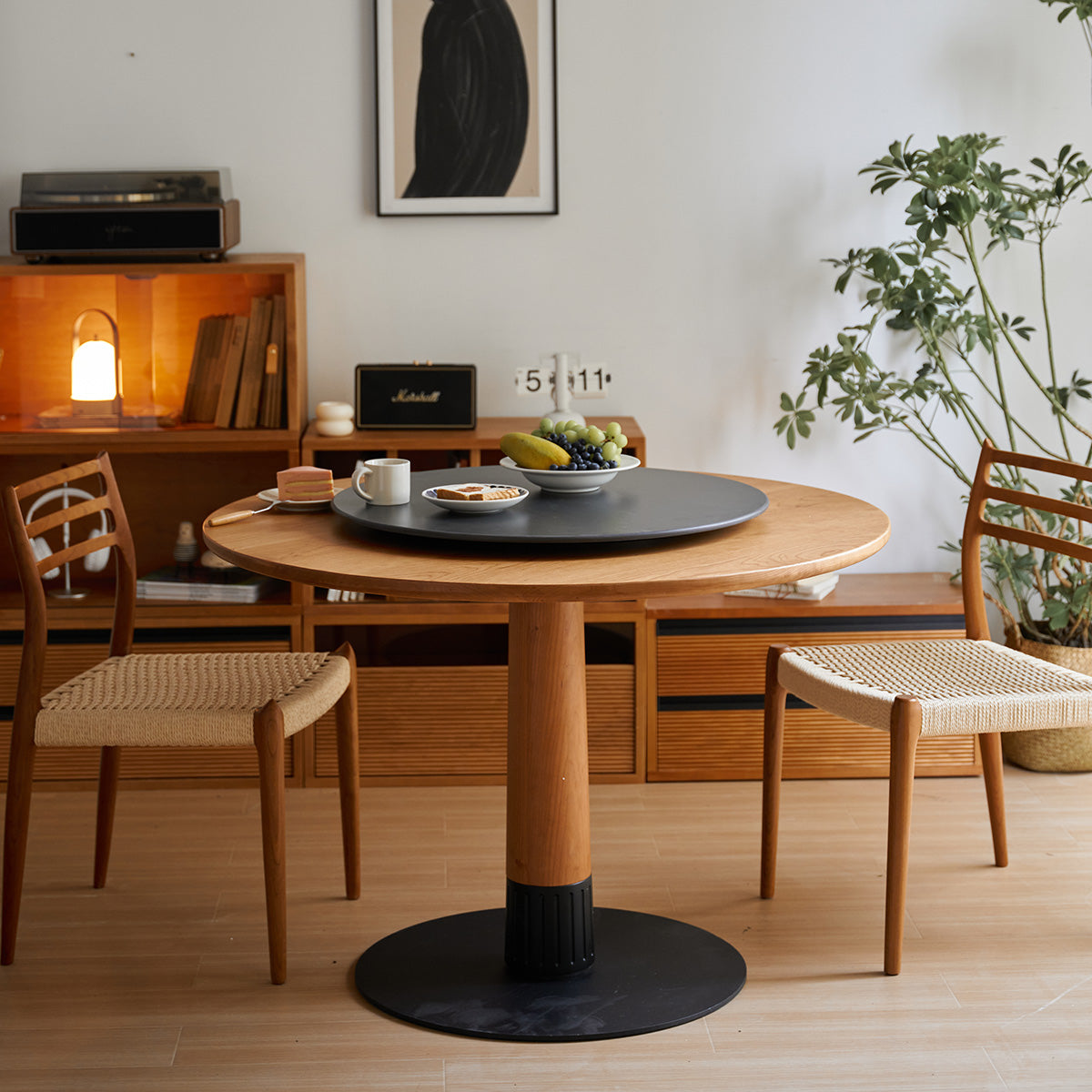 チェリー材 回転台付きウッドラウンドダイニングテーブル-Waves