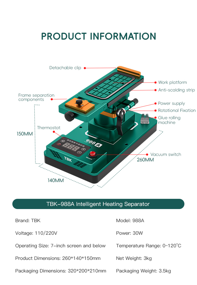 TBK-988A 360° Rotating LCD Screen Separator with Vacuum Heating and Glue Removal