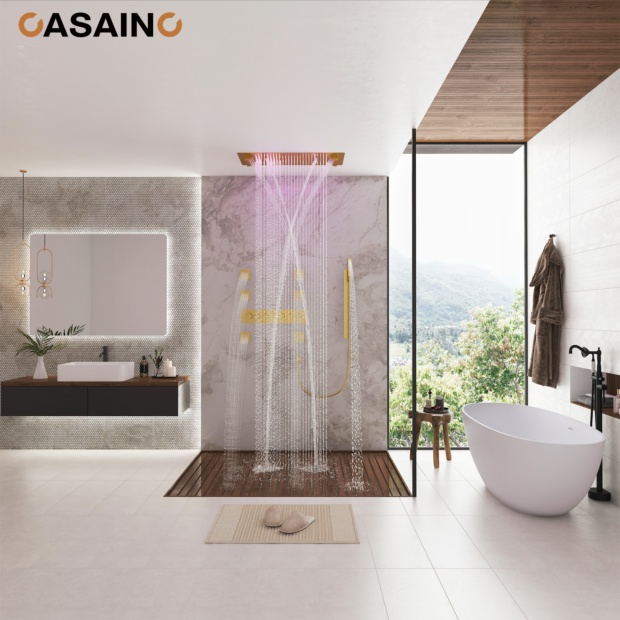 Rectangle Thermostatic Complete Shower System with LED Lights & Slide Bar