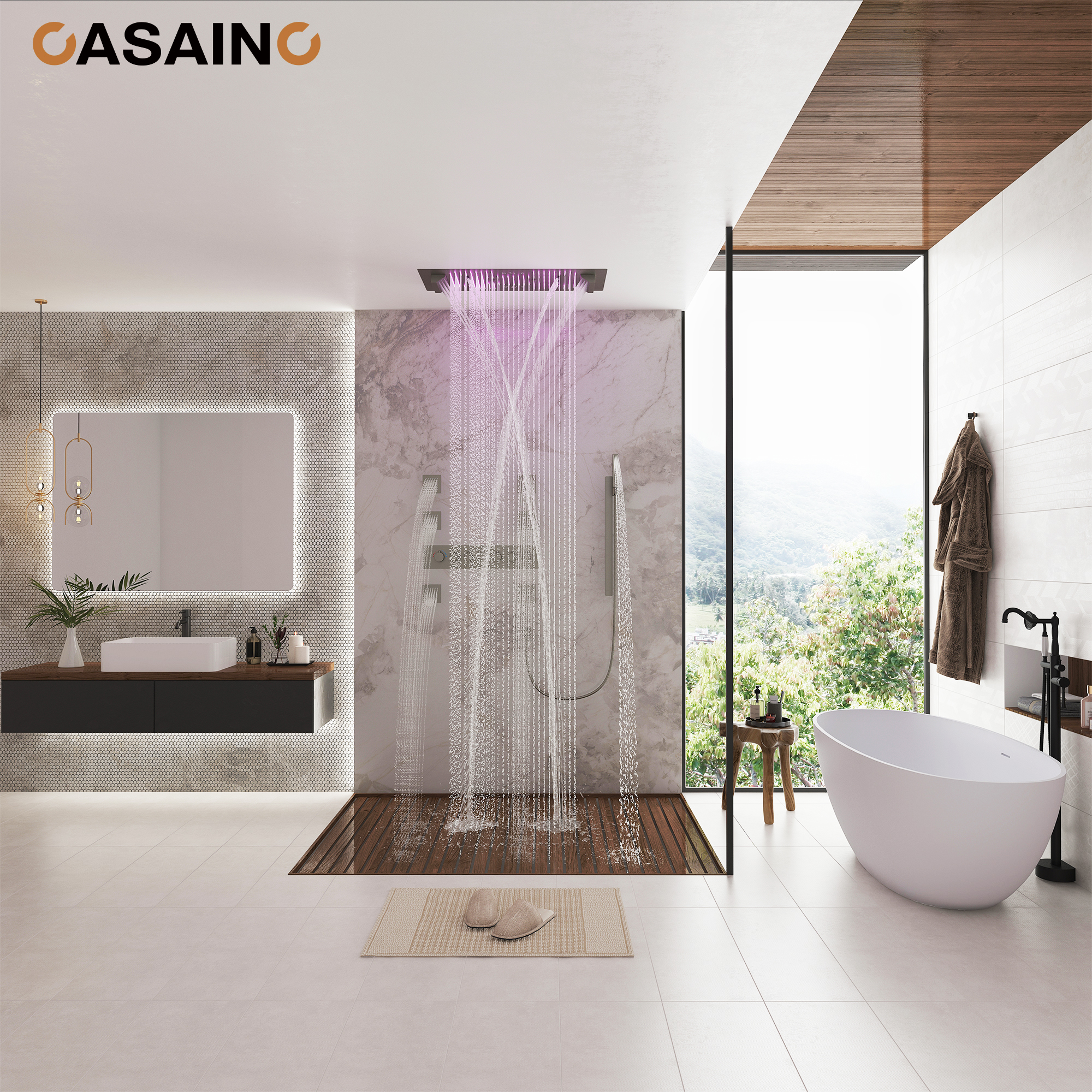 Rectangle Thermostatic Complete Shower System with LED Lights & Slide Bar