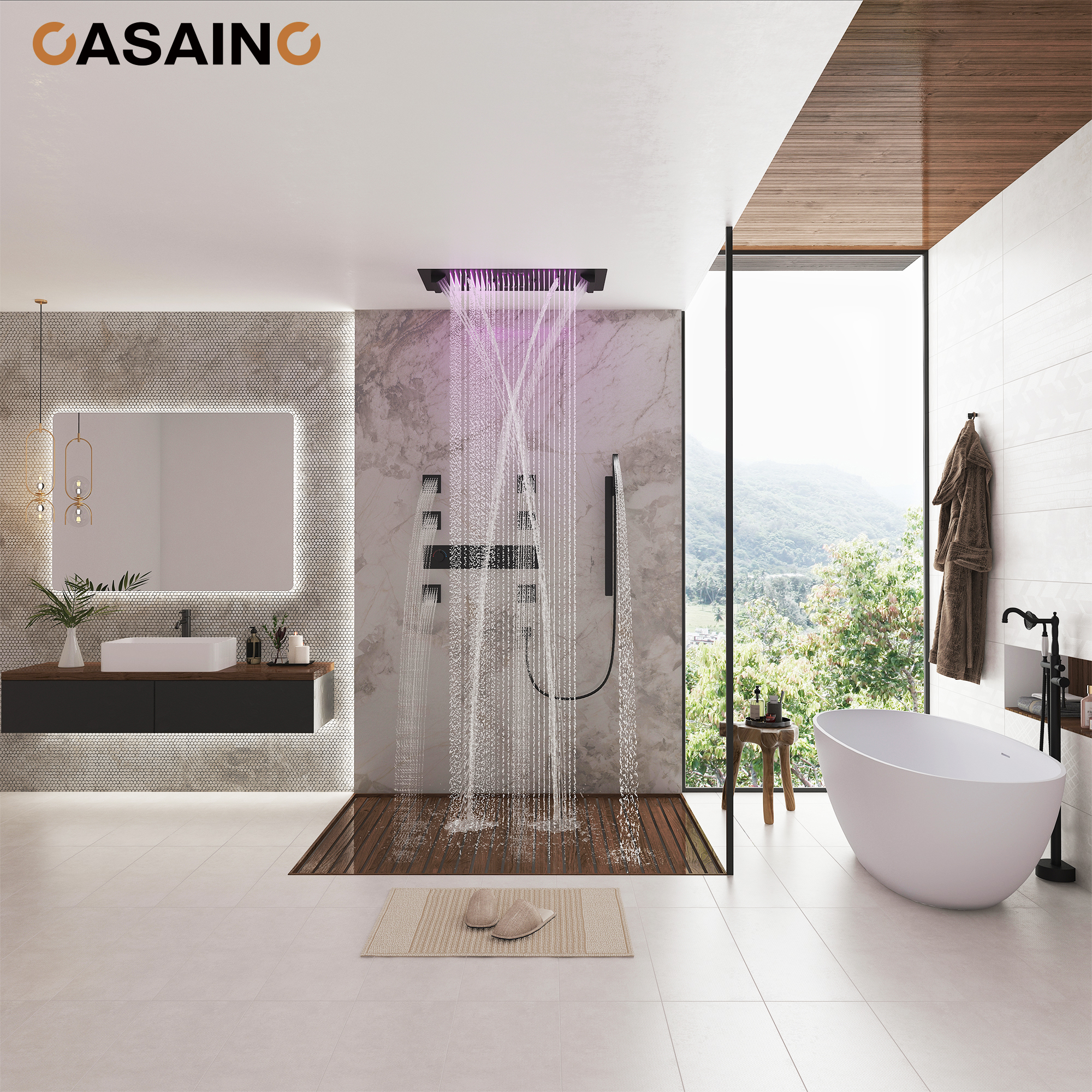 Rectangle Thermostatic Complete Shower System with LED Lights & Slide Bar