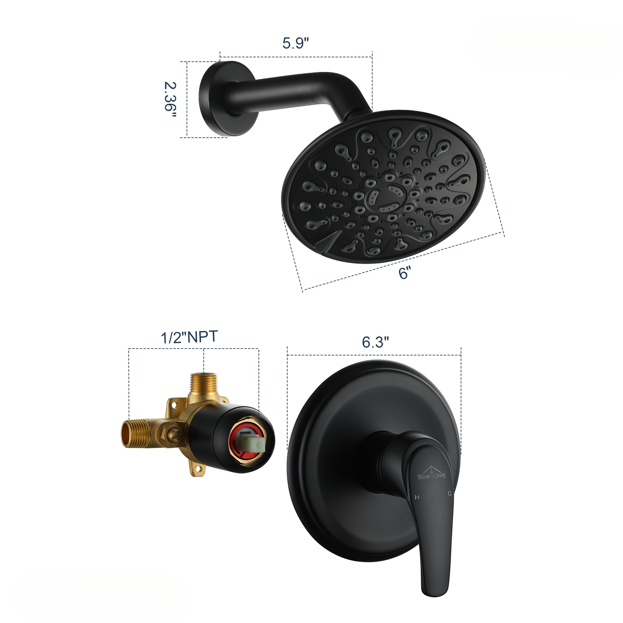 6" Wall Mounted Matte Black Shower Faucet with 6 Spray Patterns