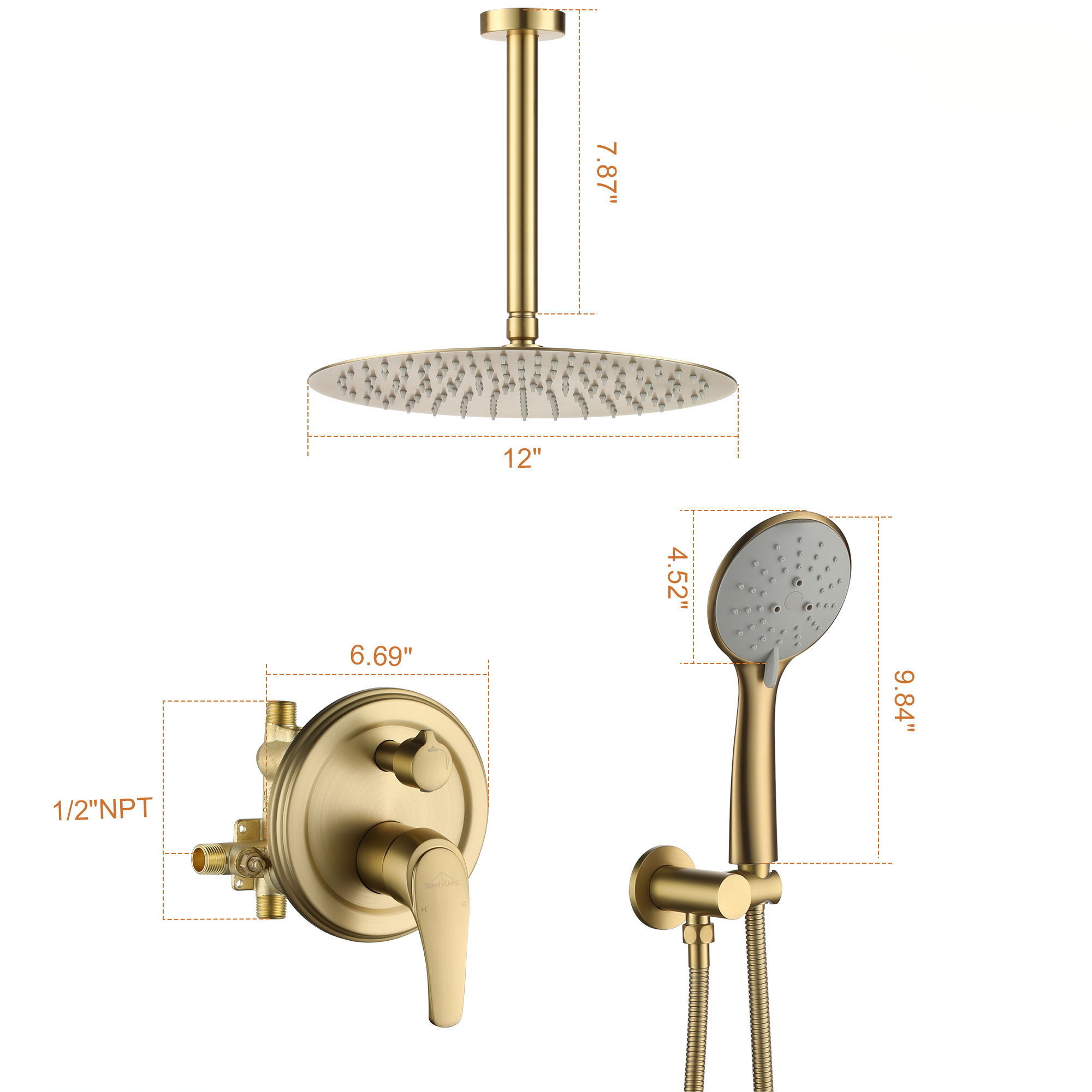 12" 5-Spray Dual Shower Head System with Brass Valve Included