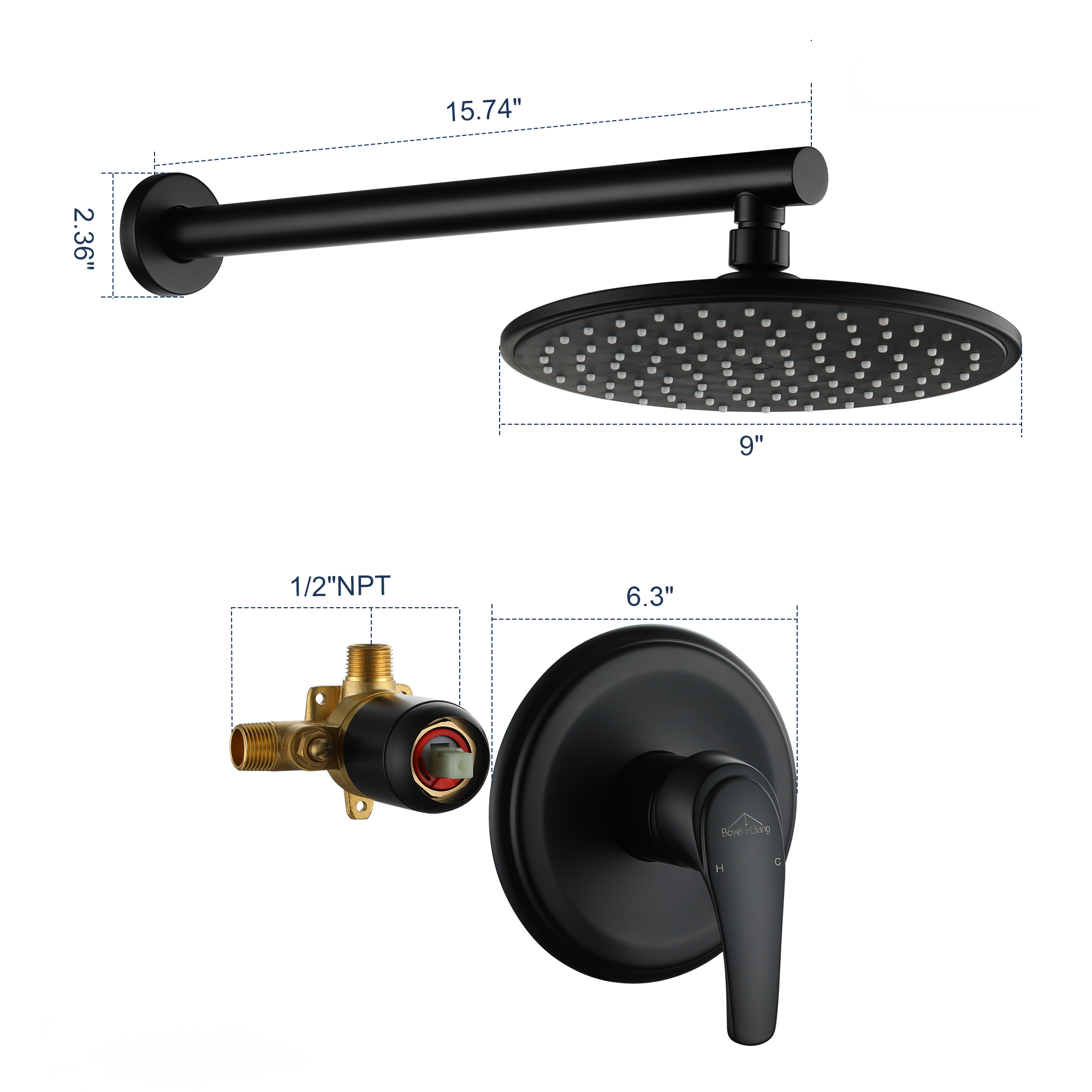9" Wall Mounted Rain Shower System with Single Lever Handle & Pressure Balance Valve