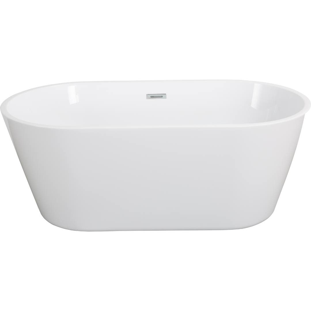 59" Glossy Acrylic Freestanding Soaking Bathtub with Chrome Overflow and Drain in White, Mineral Composite Bathtubs