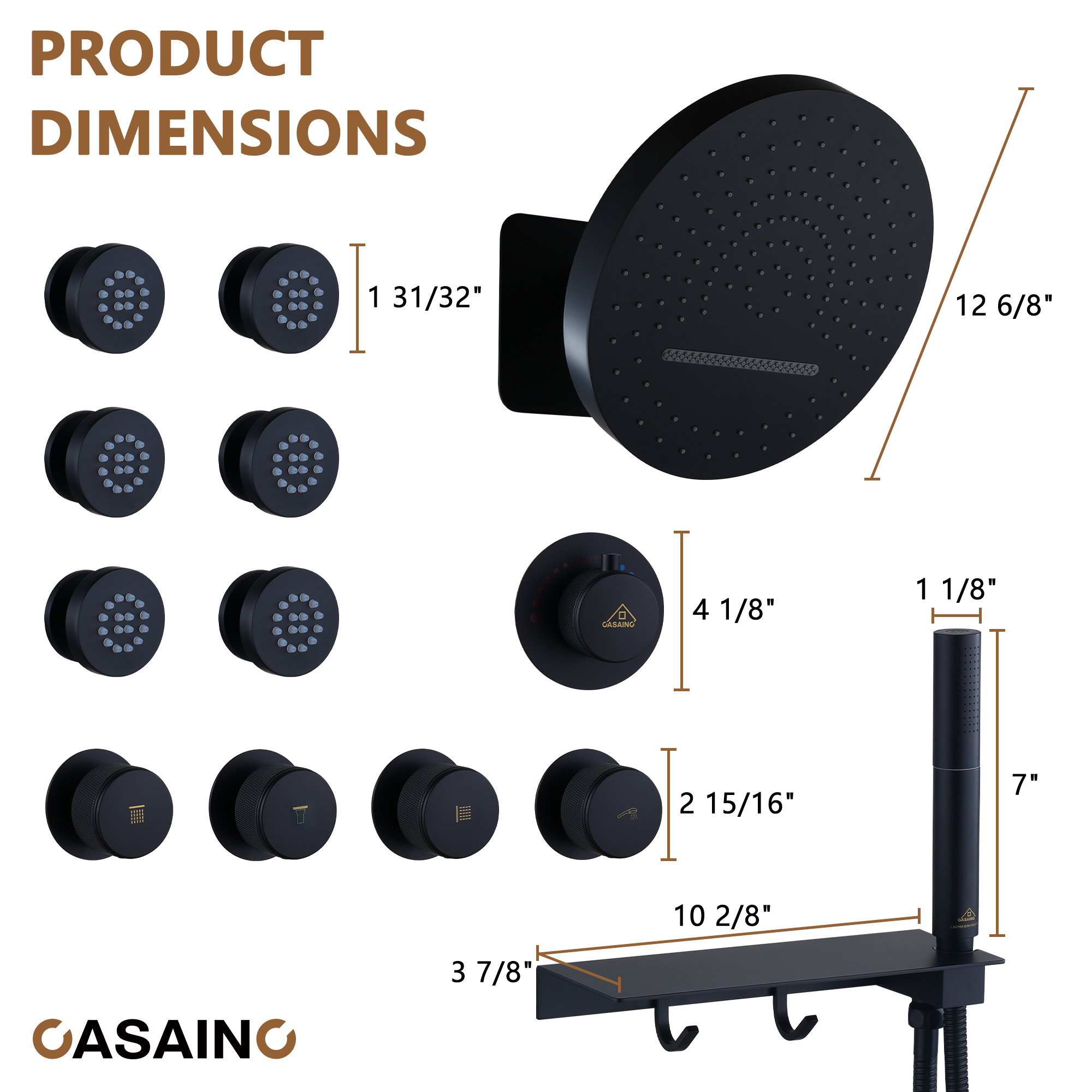 12" Adjustable Shower Head With Shelf Shower System, Hand Shower With Spray Gun Function