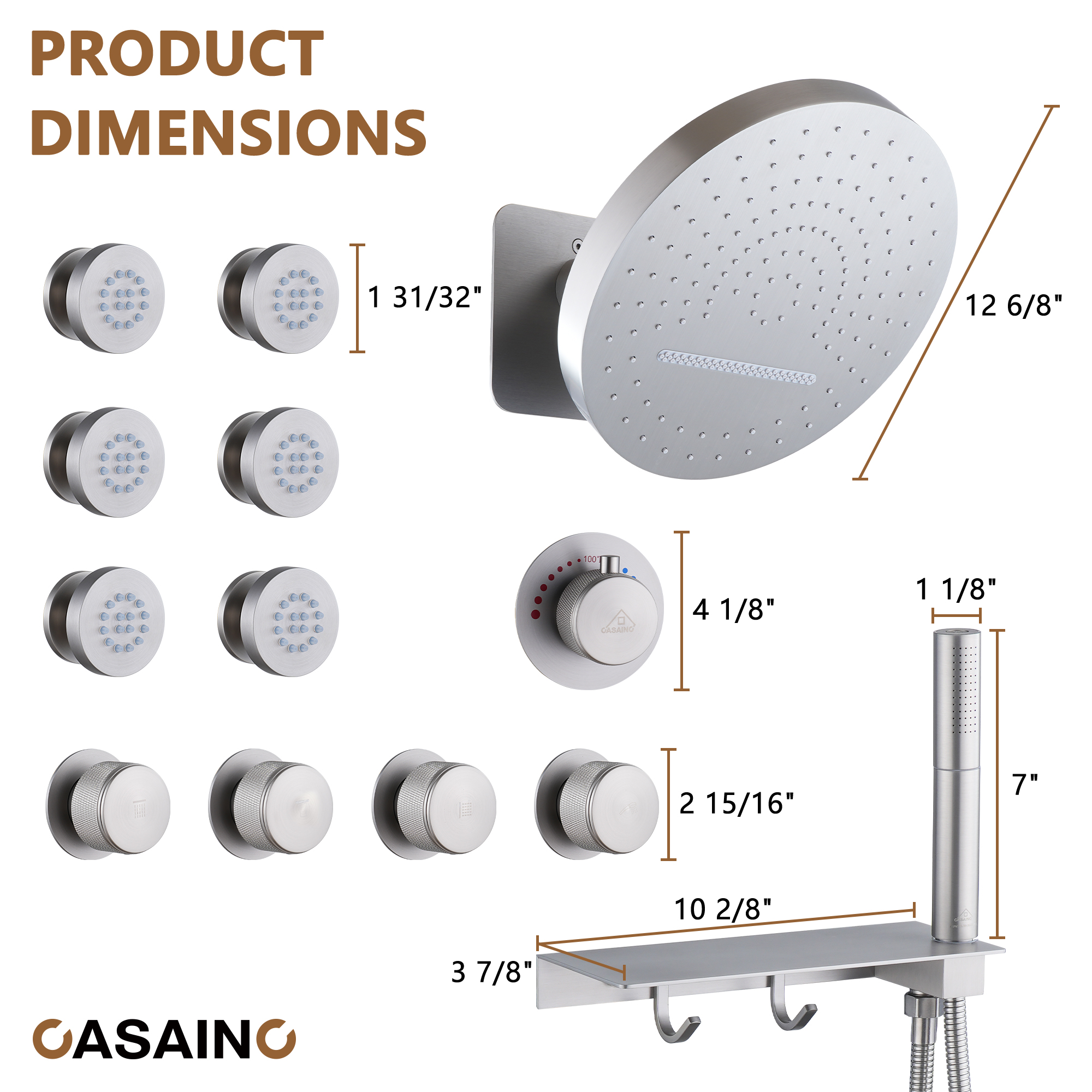 12" Adjustable Shower Head With Shelf Shower System, Hand Shower With Spray Gun Function