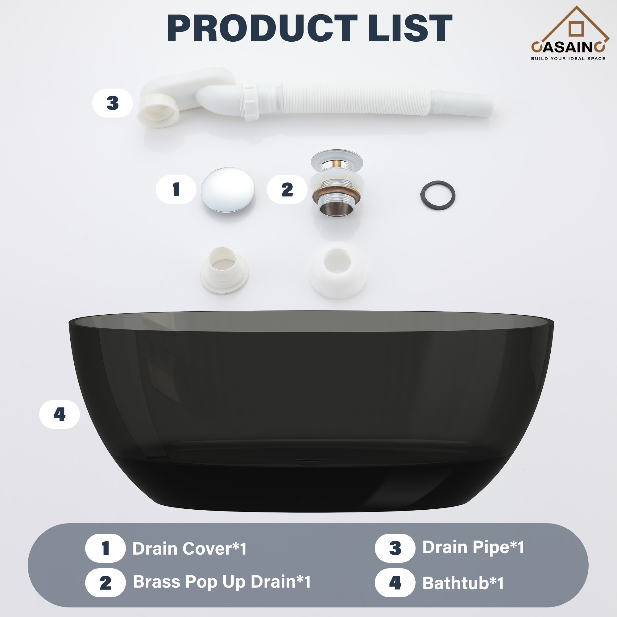 59"/67" Pure Resin Freestanding Transparent Bathtub with Center Drain