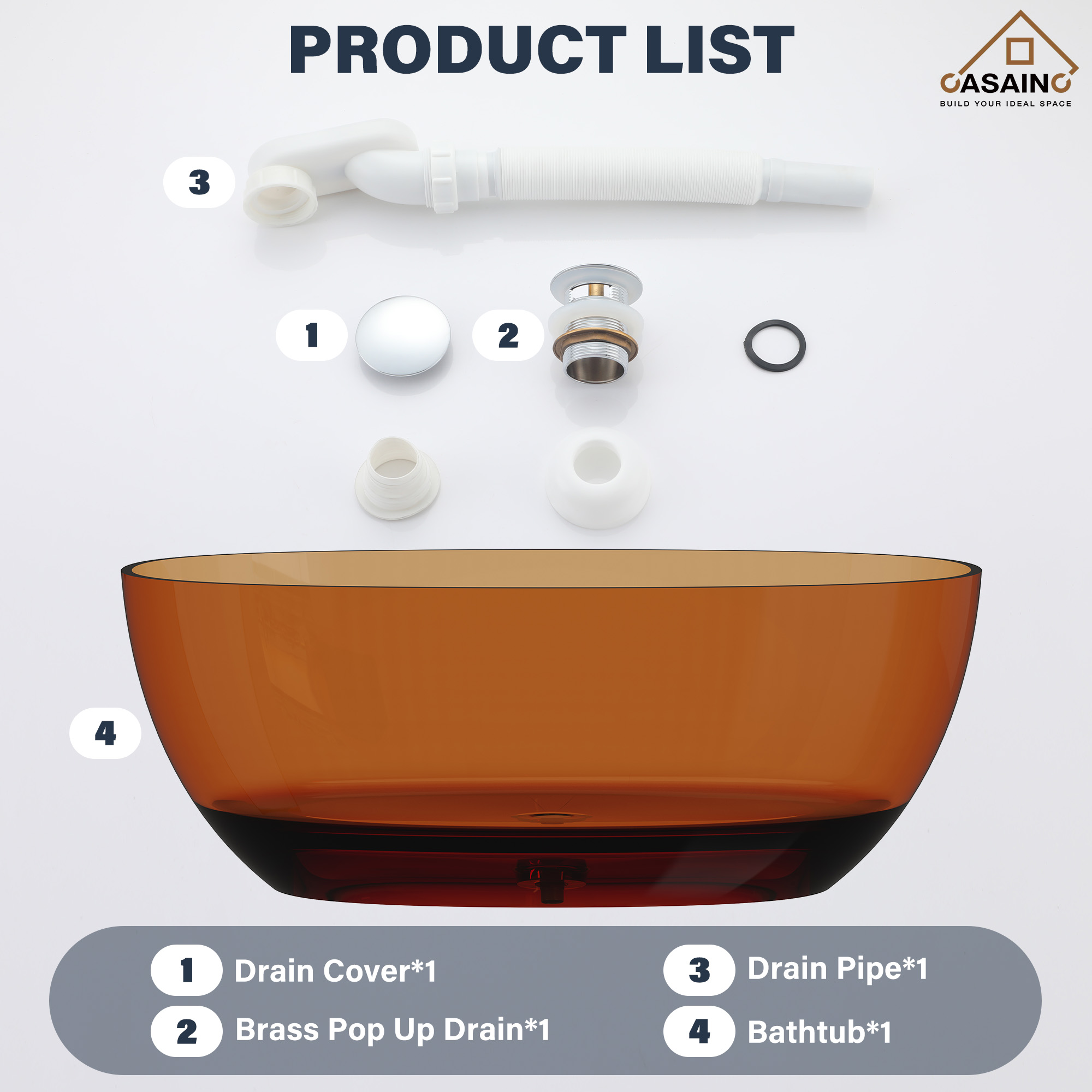 59"/67" Pure Resin Freestanding Transparent Bathtub with Center Drain