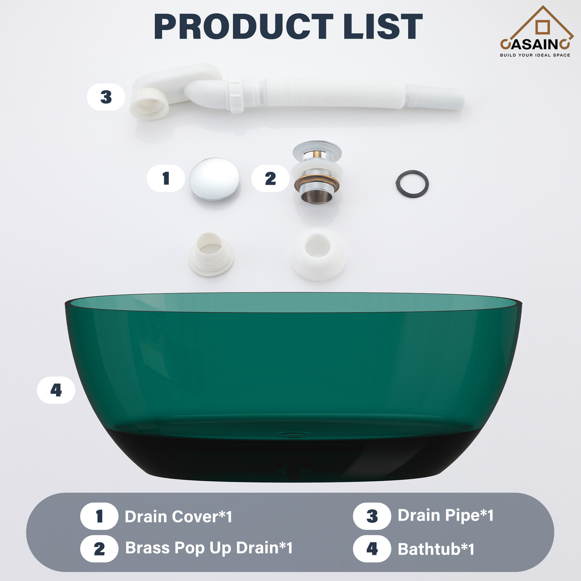 59"/67" Pure Resin Freestanding Transparent Bathtub with Center Drain