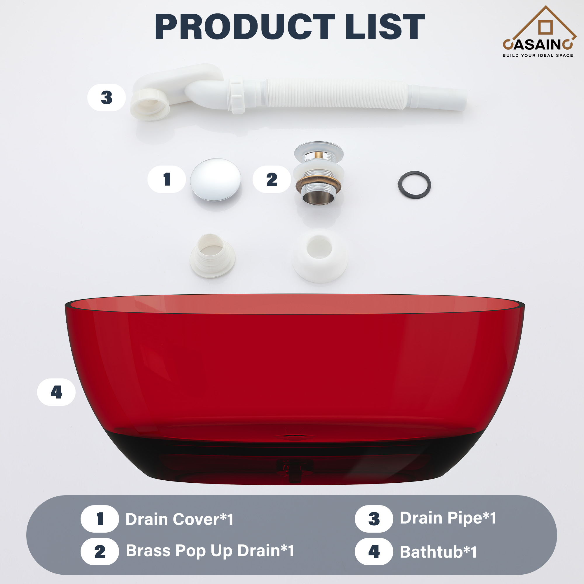 59"/67" Pure Resin Freestanding Transparent Bathtub with Center Drain