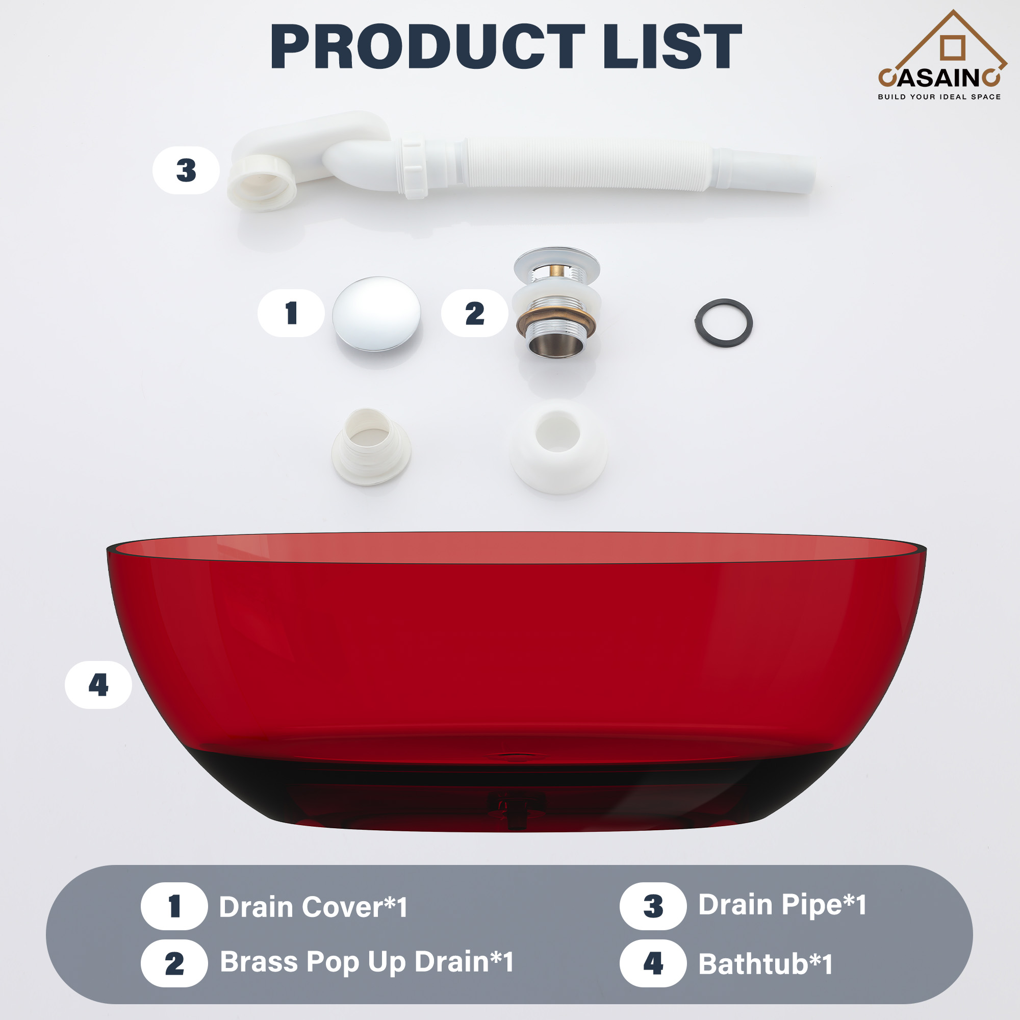 59"/67" Pure Resin Freestanding Transparent Bathtub with Center Drain