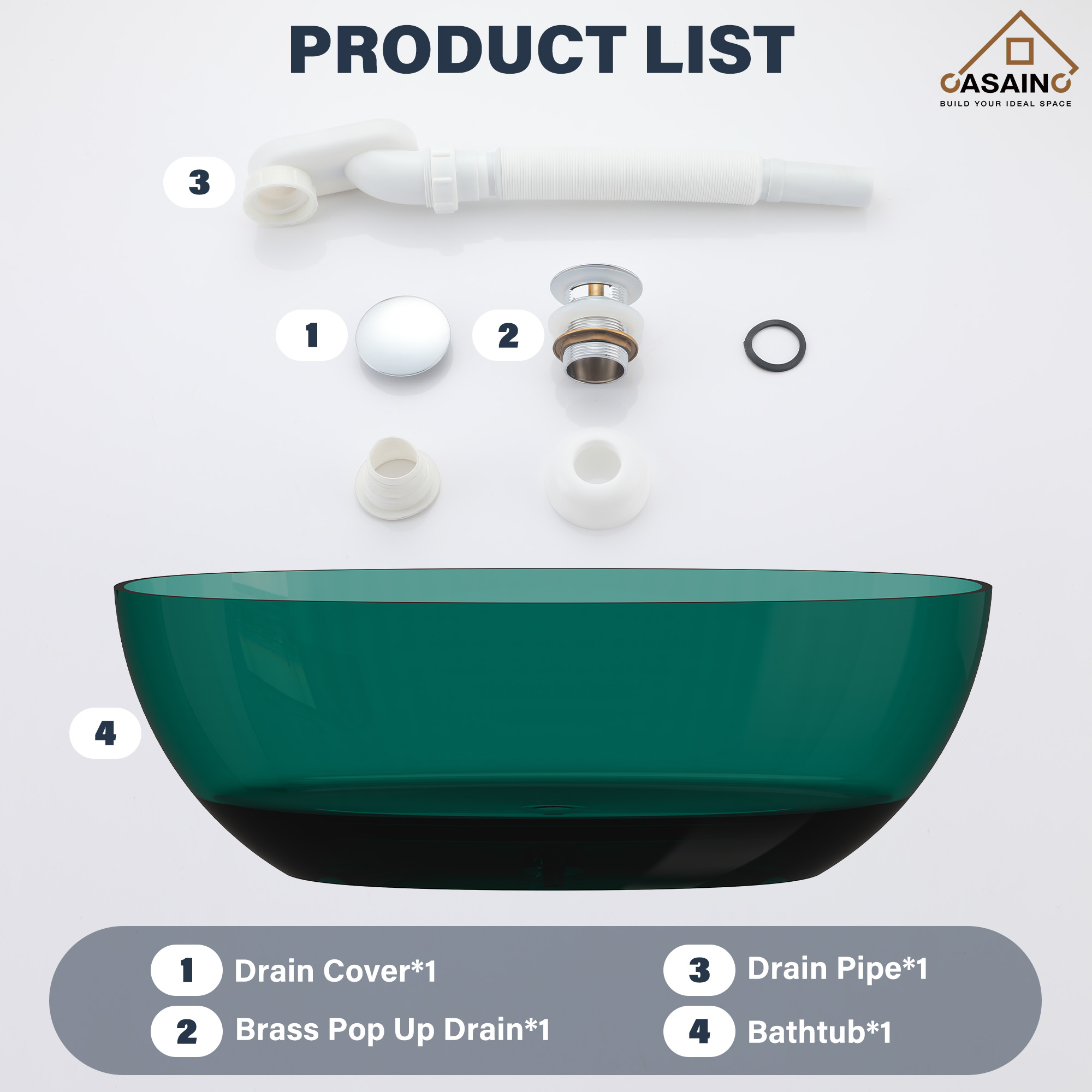 59"/67" Pure Resin Freestanding Transparent Bathtub with Center Drain