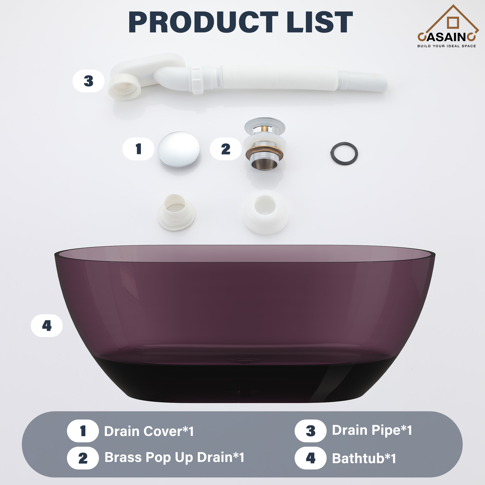 59"/69" Transparent Resin Freestanding Bathtub with Excellent Heat Retention