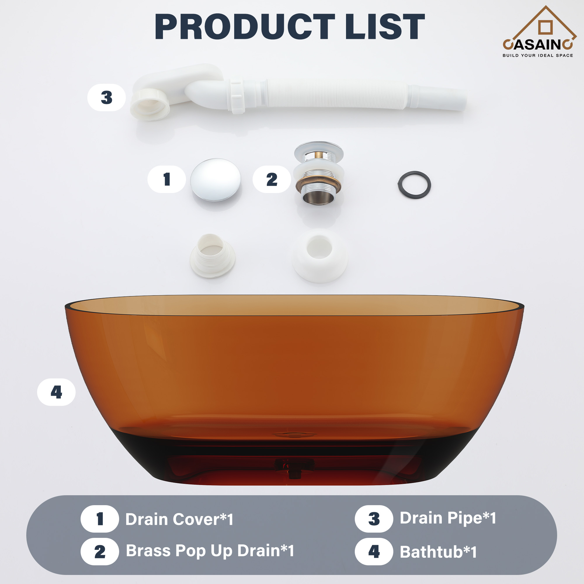 59"/69" Transparent Resin Freestanding Bathtub with Excellent Heat Retention