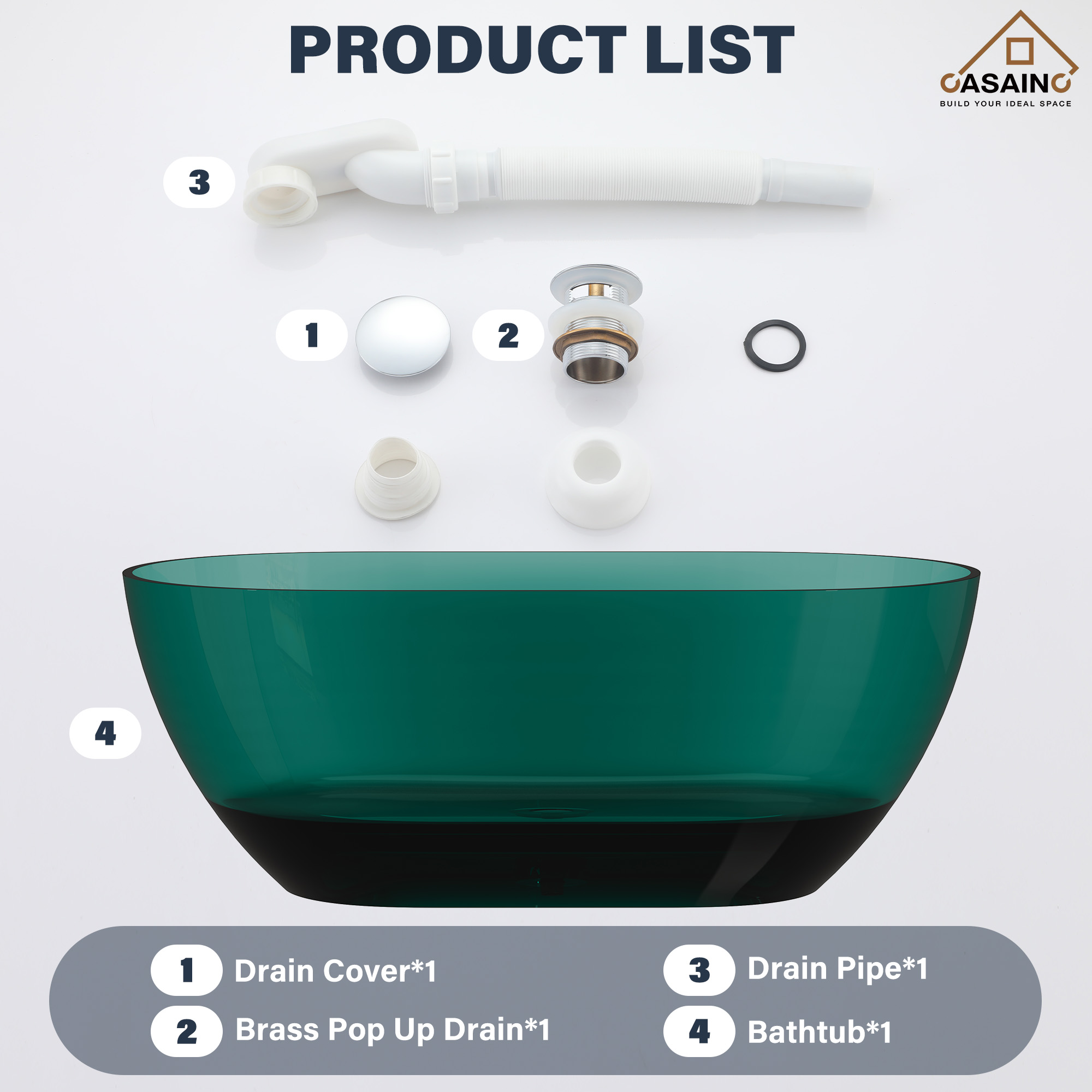 59"/69" Transparent Resin Freestanding Bathtub with Excellent Heat Retention