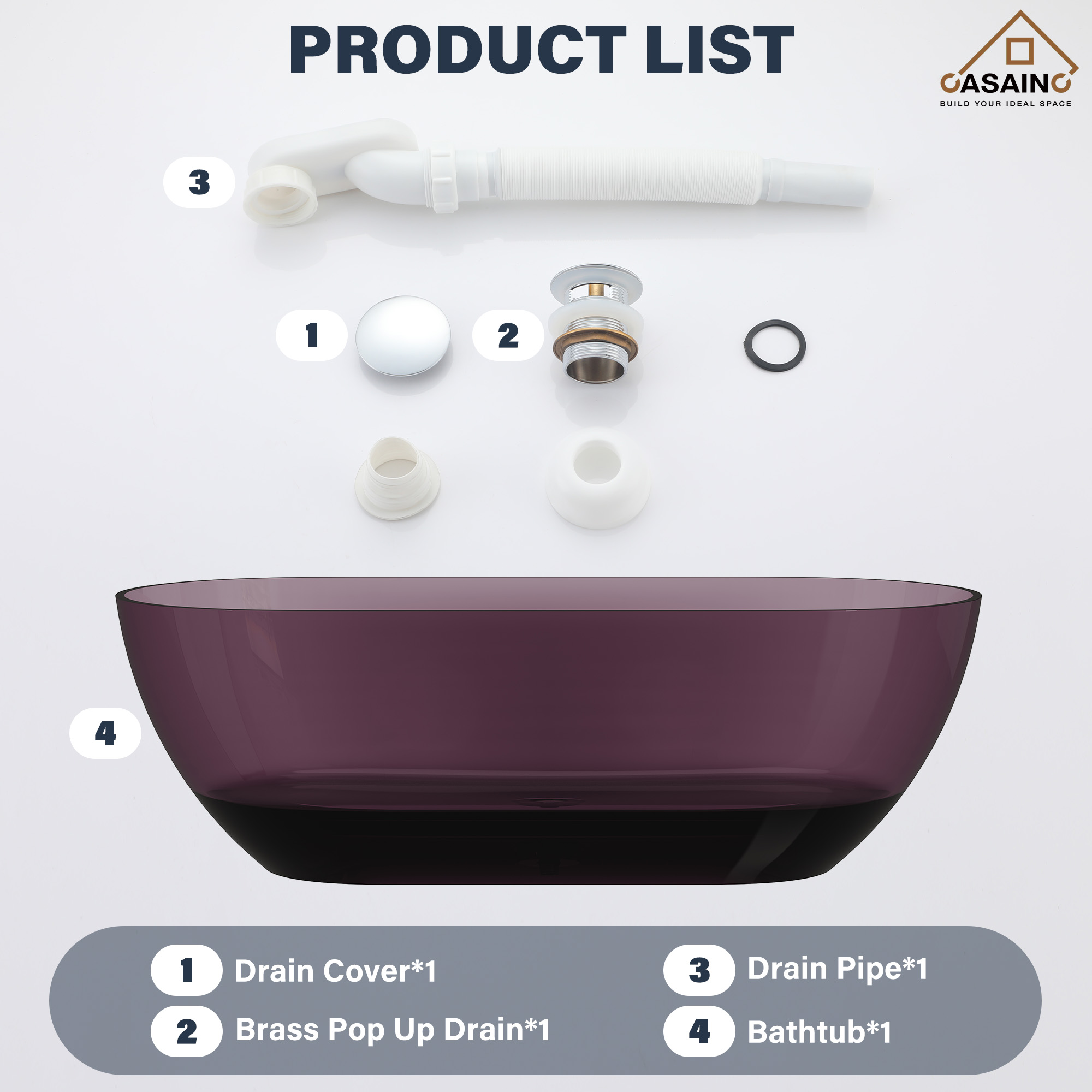 59"/69" Transparent Resin Freestanding Bathtub with Excellent Heat Retention