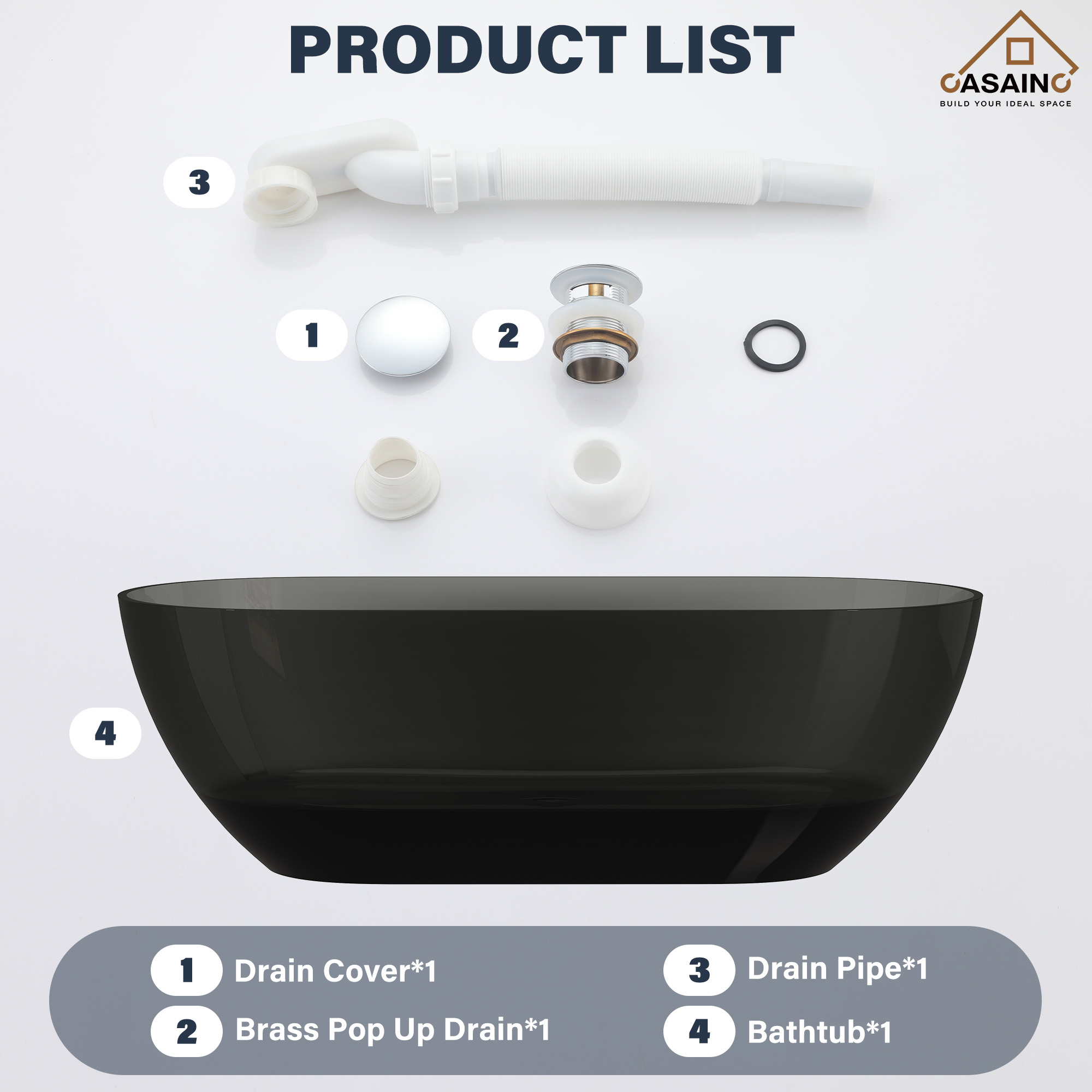 59"/69" Transparent Resin Freestanding Bathtub with Excellent Heat Retention