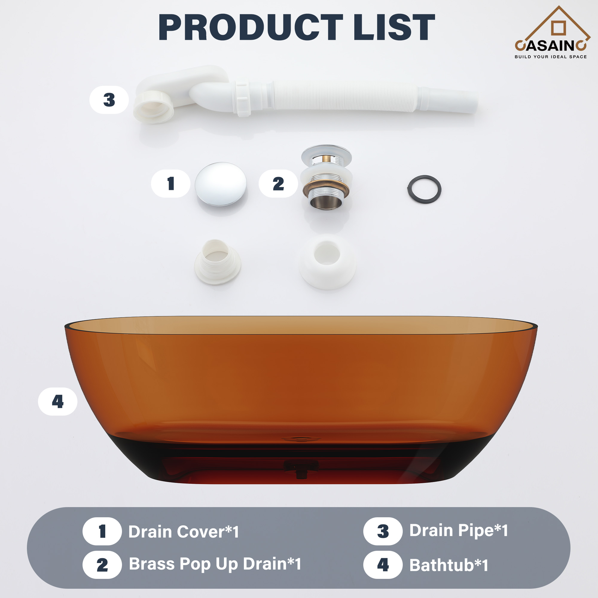 59"/69" Transparent Resin Freestanding Bathtub with Excellent Heat Retention