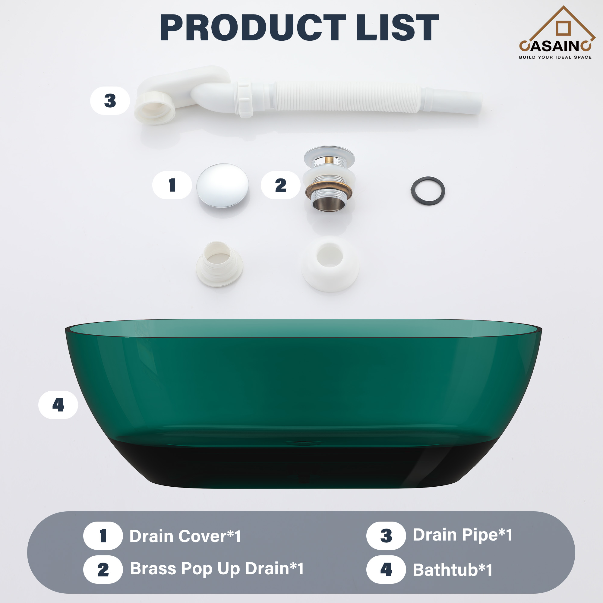 59"/69" Transparent Resin Freestanding Bathtub with Excellent Heat Retention