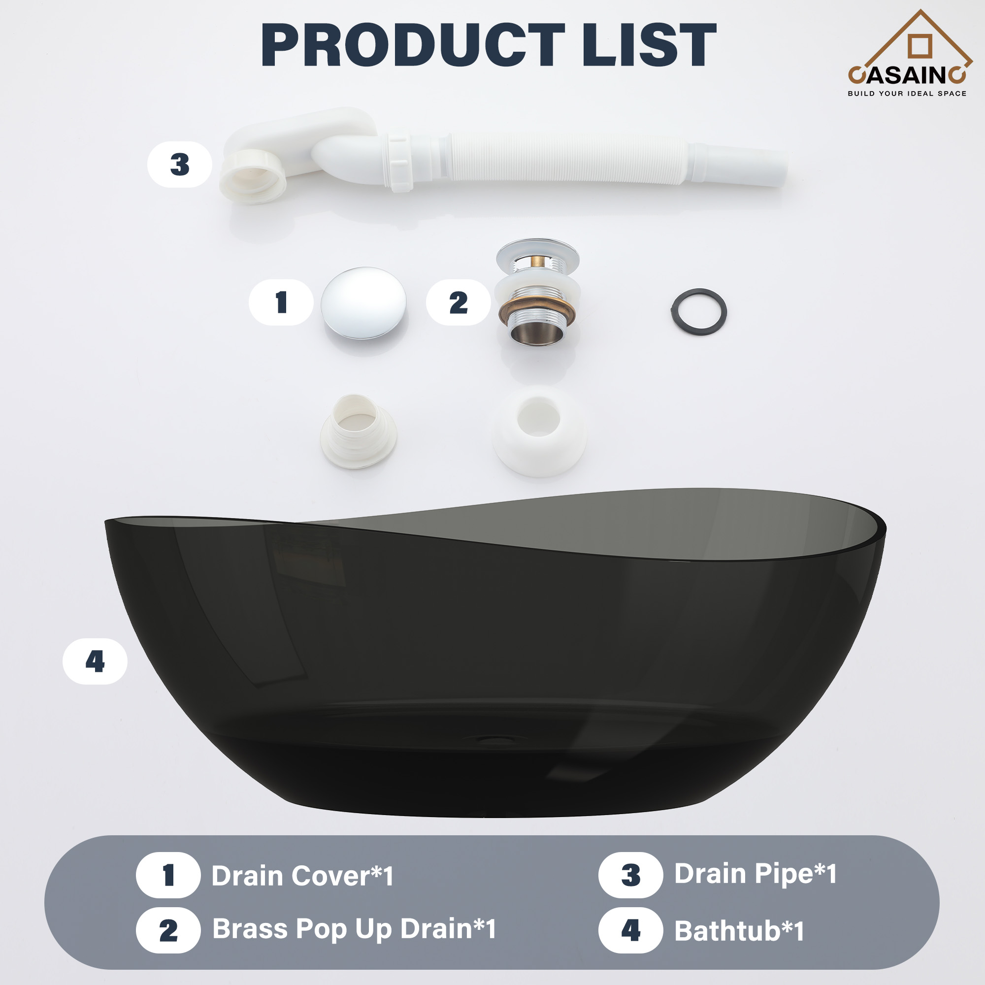 63" Unique Shaped Transparent Resin Freestanding Bathtub with Central Drain