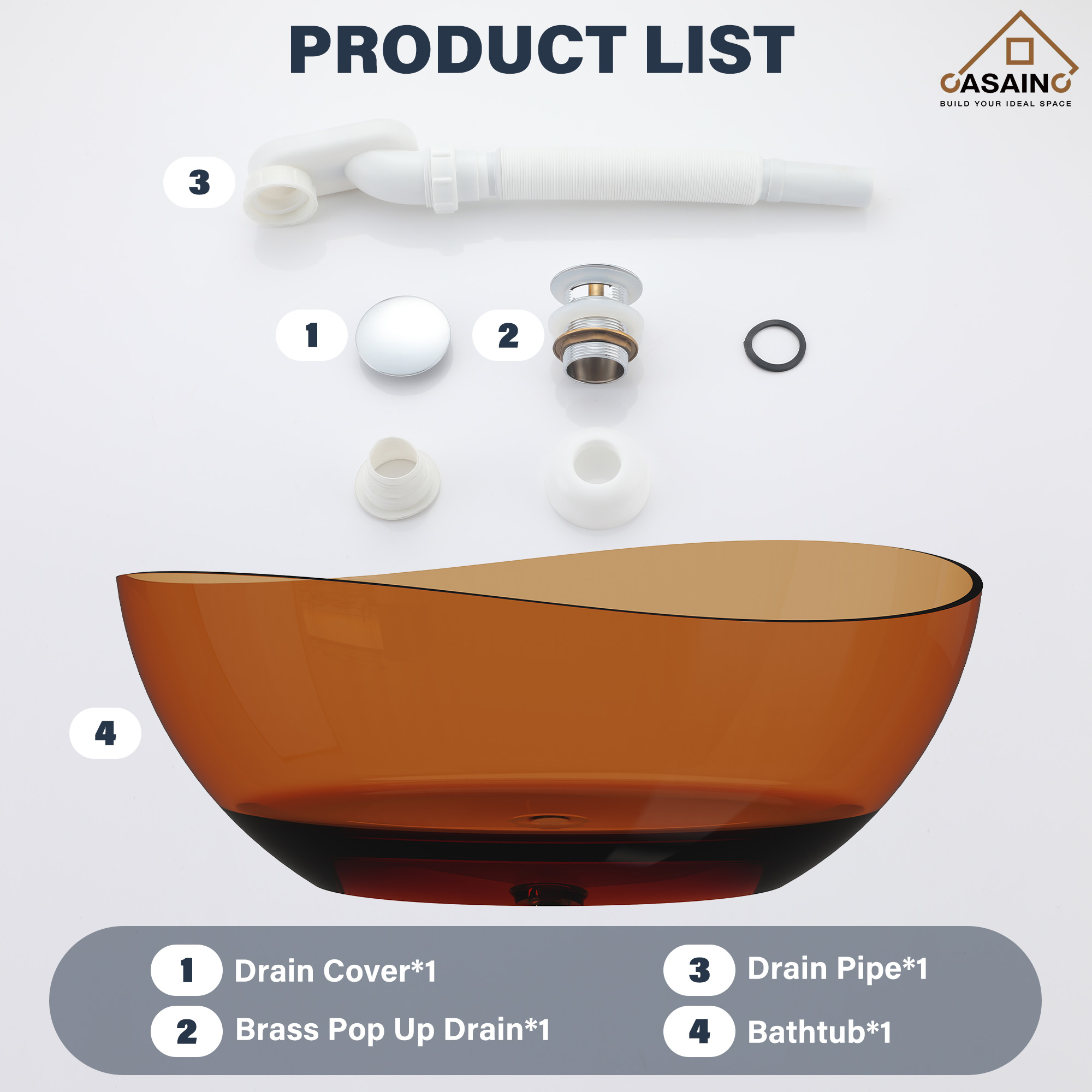 63" Unique Shaped Transparent Resin Freestanding Bathtub with Central Drain