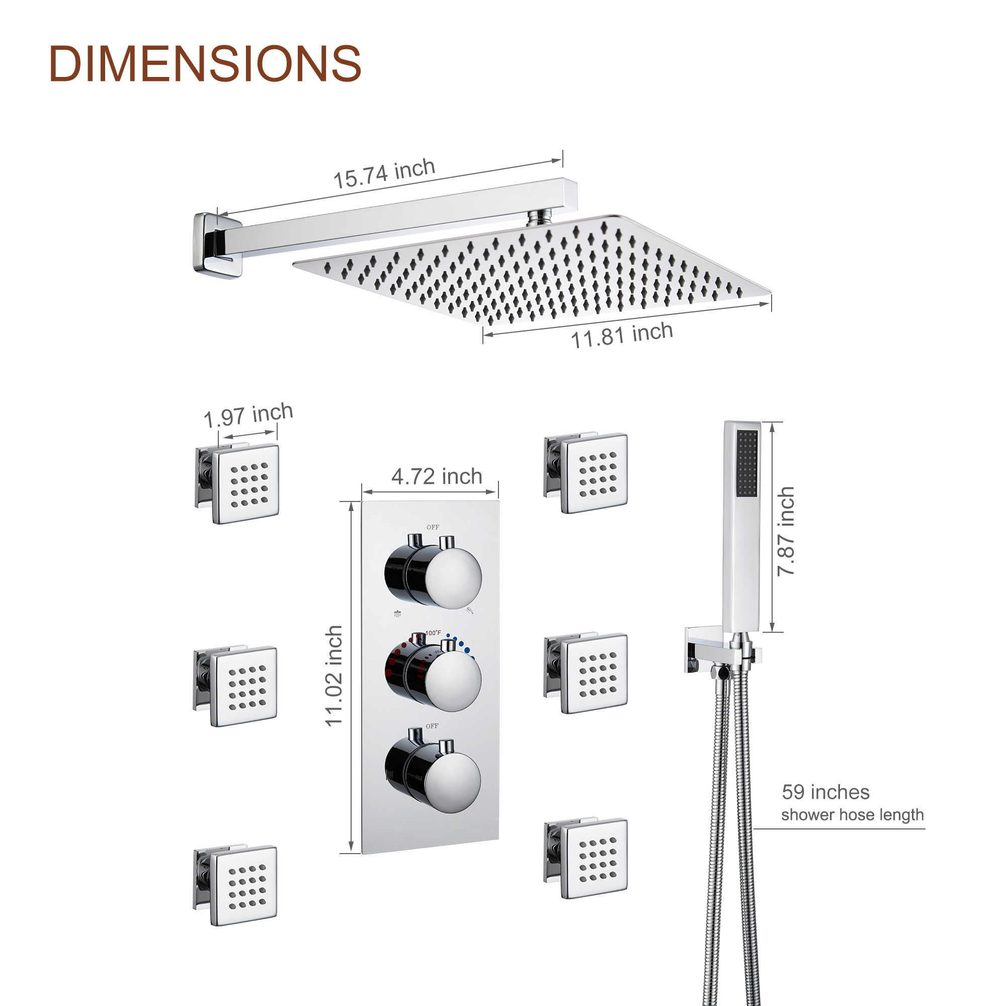 12" Thermostatic Rainfall Shower System with Handheld & Body Jets