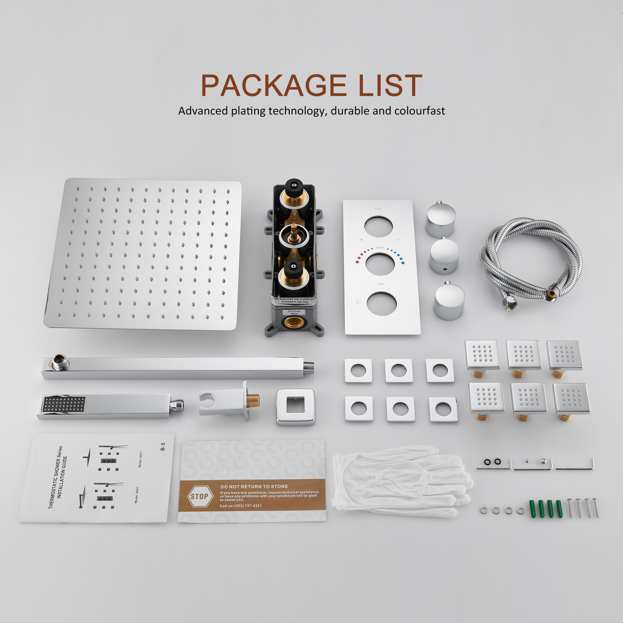 12" Thermostatic Rainfall Shower System with Handheld & Body Jets