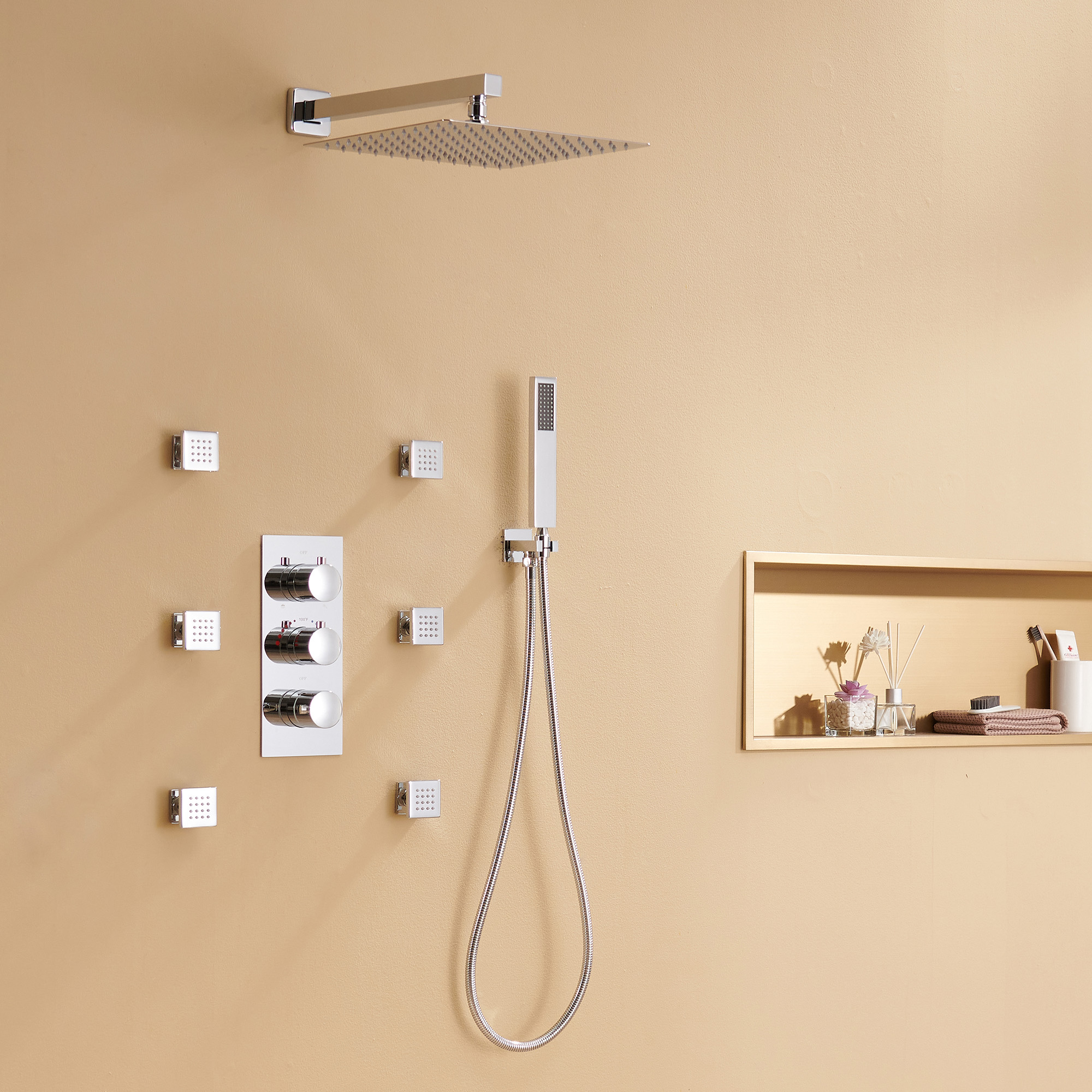 12" Thermostatic Rainfall Shower System with Handheld & Body Jets