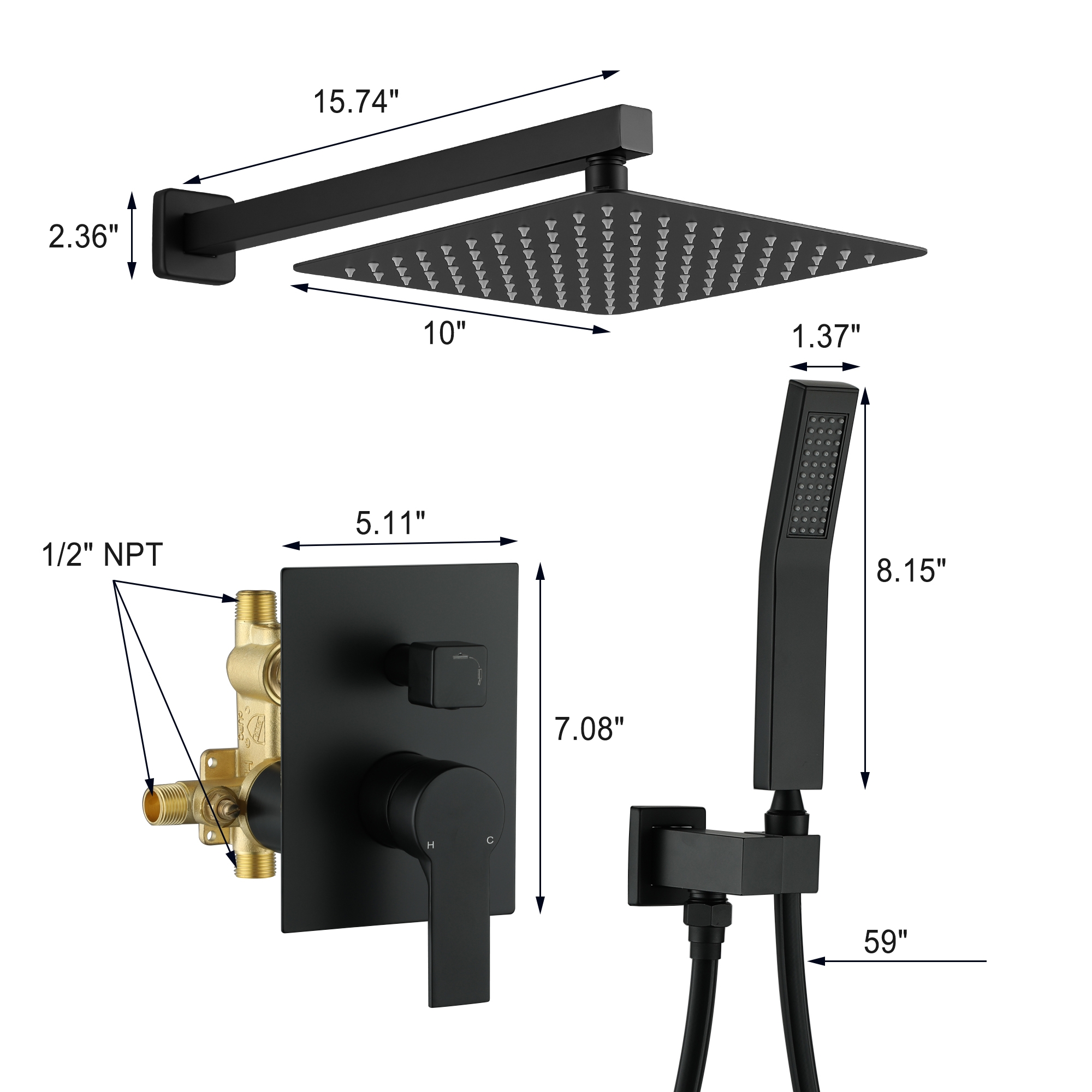 10-inch/12inch Rainfall Shower System With Hand Shower & Pressure-Balanced Valve