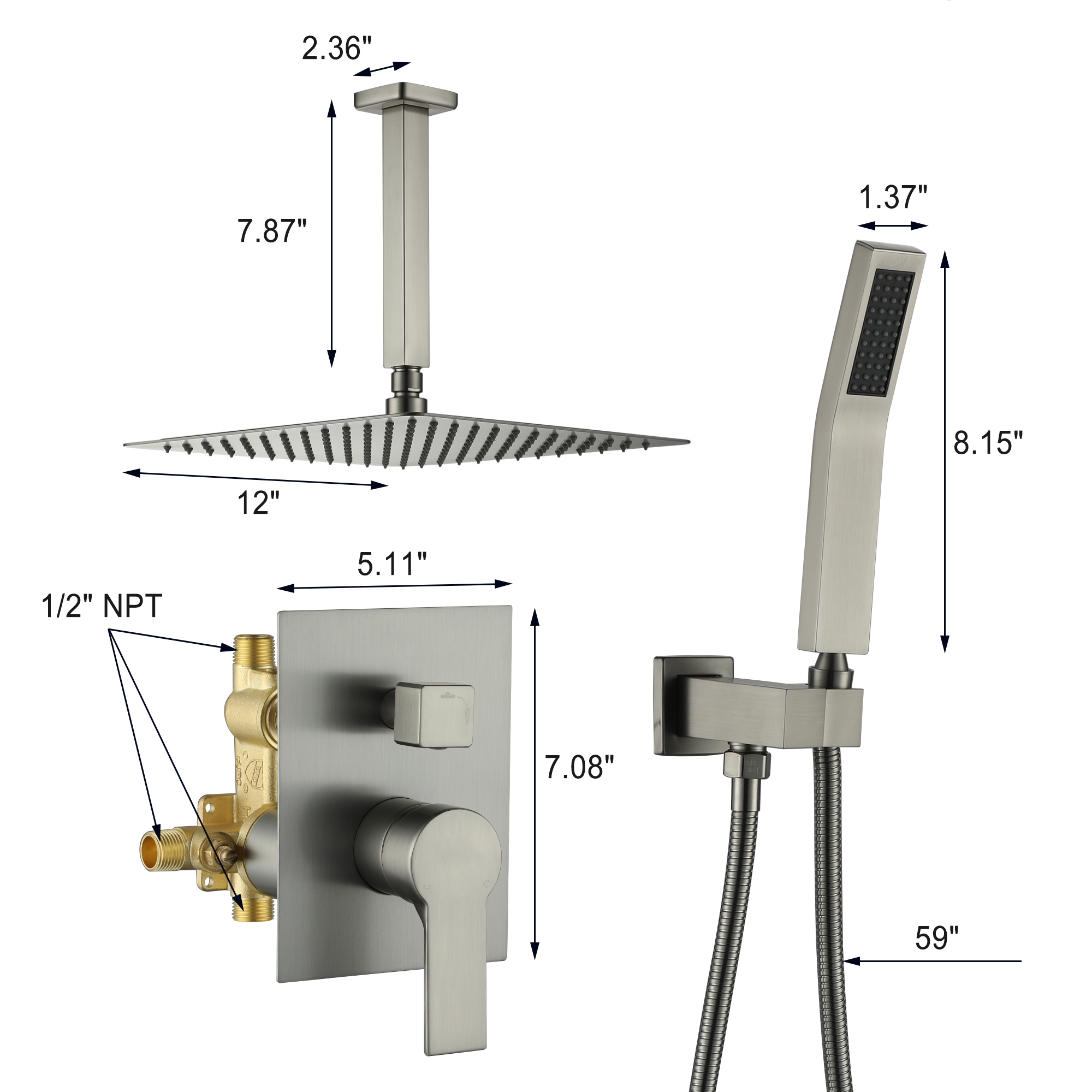 10-inch/12inch Rainfall Shower System With Hand Shower & Pressure-Balanced Valve
