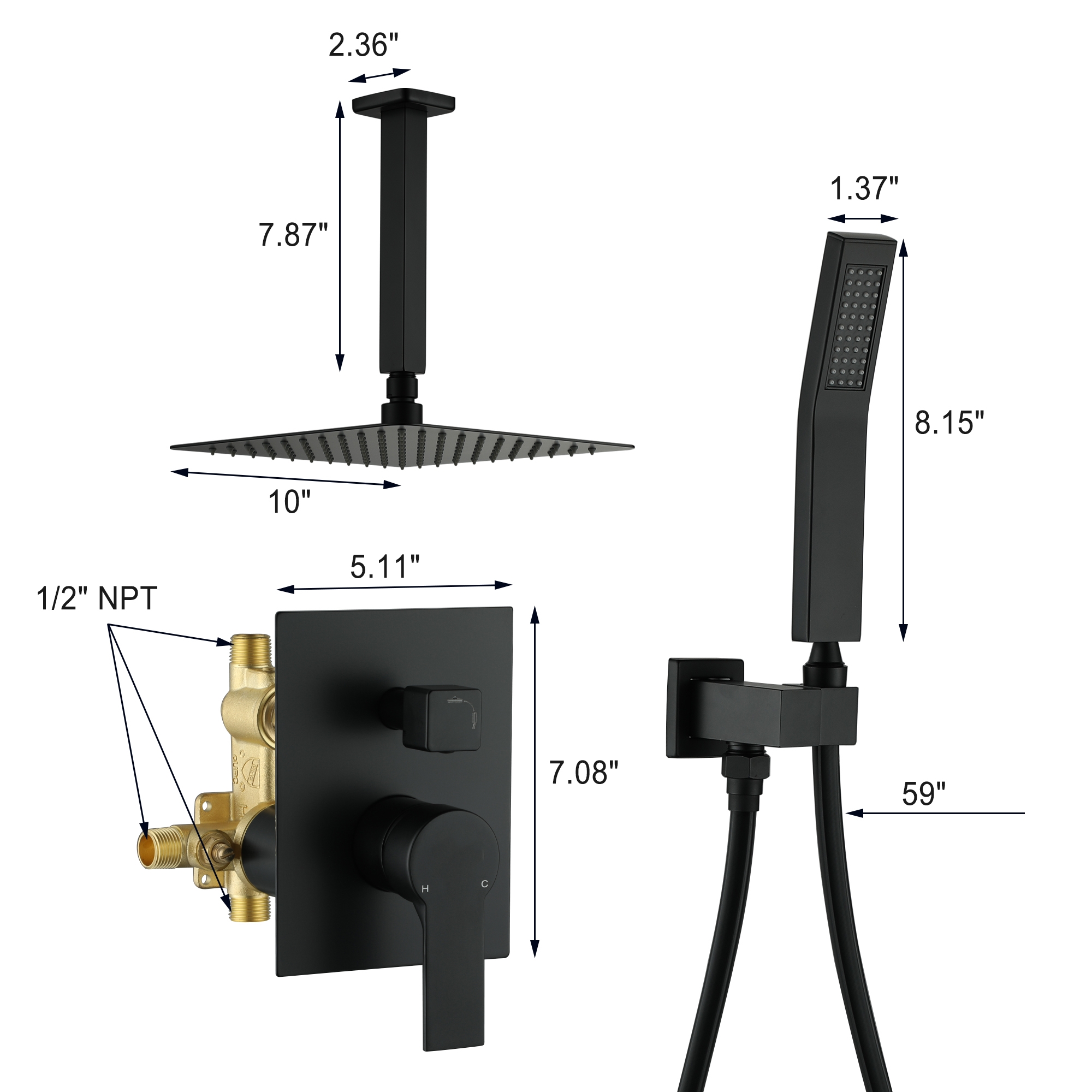 10-inch/12inch Rainfall Shower System With Hand Shower & Pressure-Balanced Valve