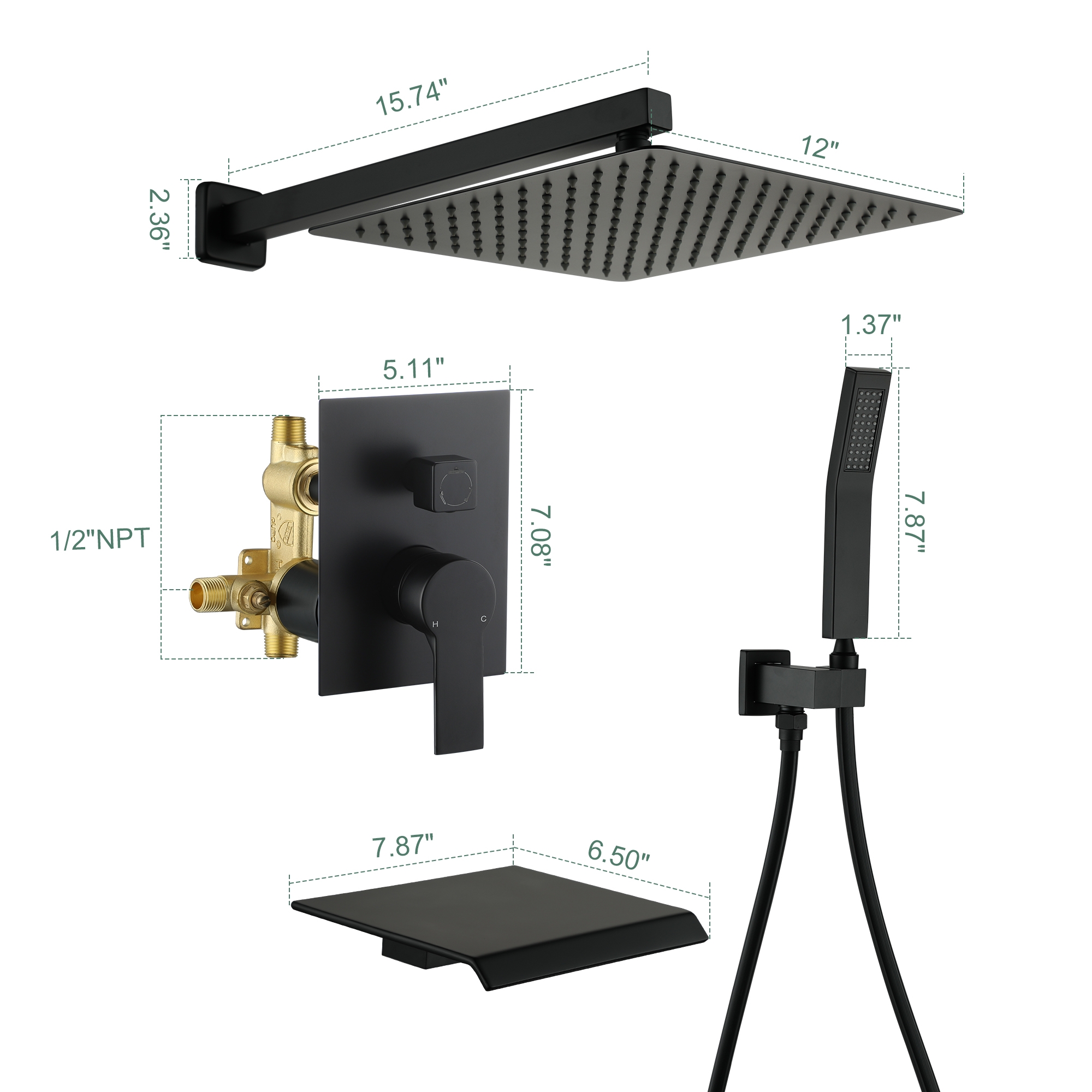 12" Wall-Mount Shower System with Tub Spout in Matte Black